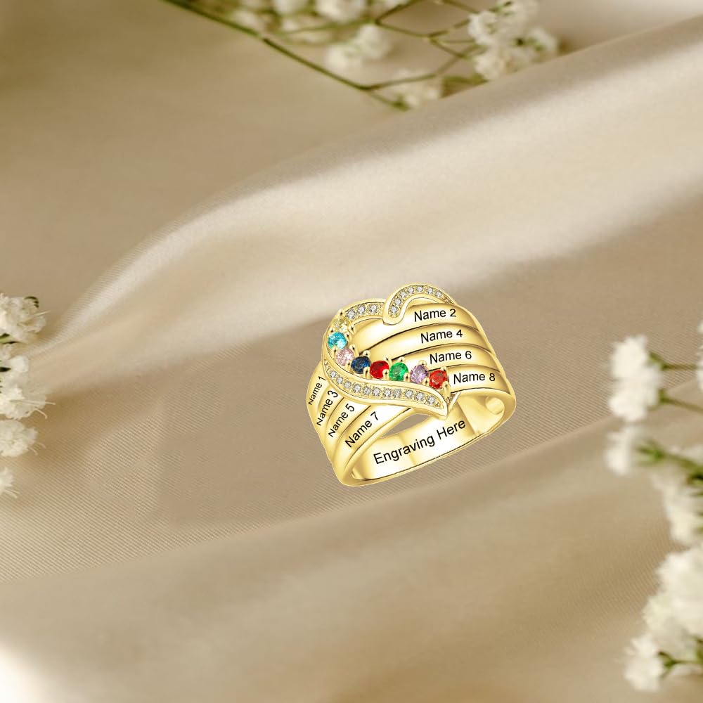 10K 14K 18K Solid Gold Personalized Family Name Ring Mothers Ring with 8 Birthstones for Women Custom Multiple Name Ring Jewelry Gifts for Mom Grandmother Wife Birthday Mother's Day Christmas