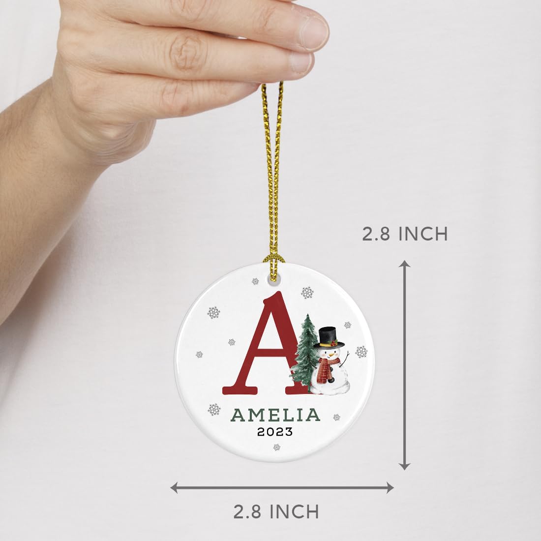 Andaz Press Personalized Christmas Ornament, Custom Name Initial A Monogram Snowman 2.8" Ceramic Porcelain 2024 Christmas Ornament For Kids Boys Girls 1-Pack Initial Ornaments Name Ornaments Christmas