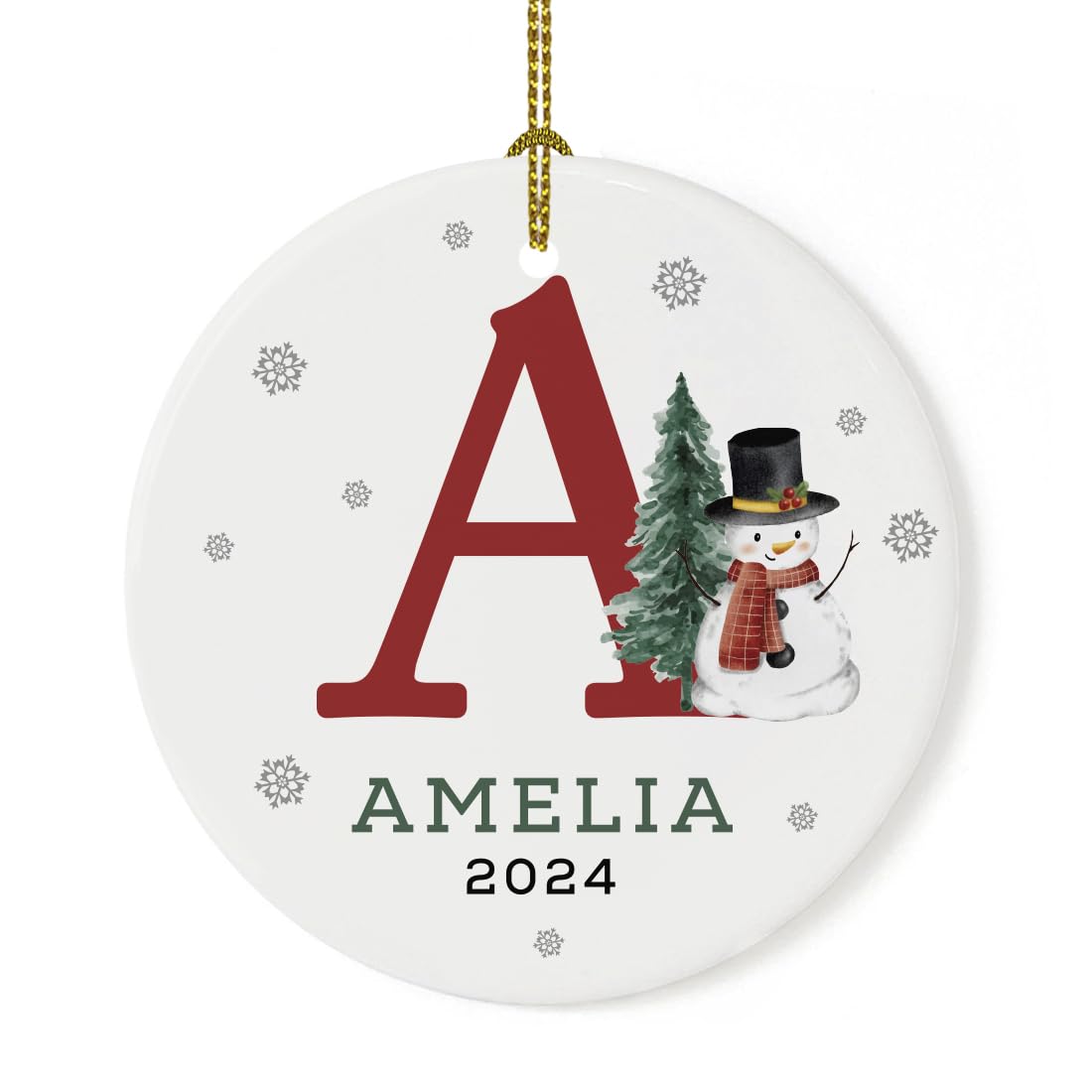 Andaz Press Personalized Christmas Ornament, Custom Name Initial A Monogram Snowman 2.8" Ceramic Porcelain 2024 Christmas Ornament For Kids Boys Girls 1-Pack Initial Ornaments Name Ornaments Christmas
