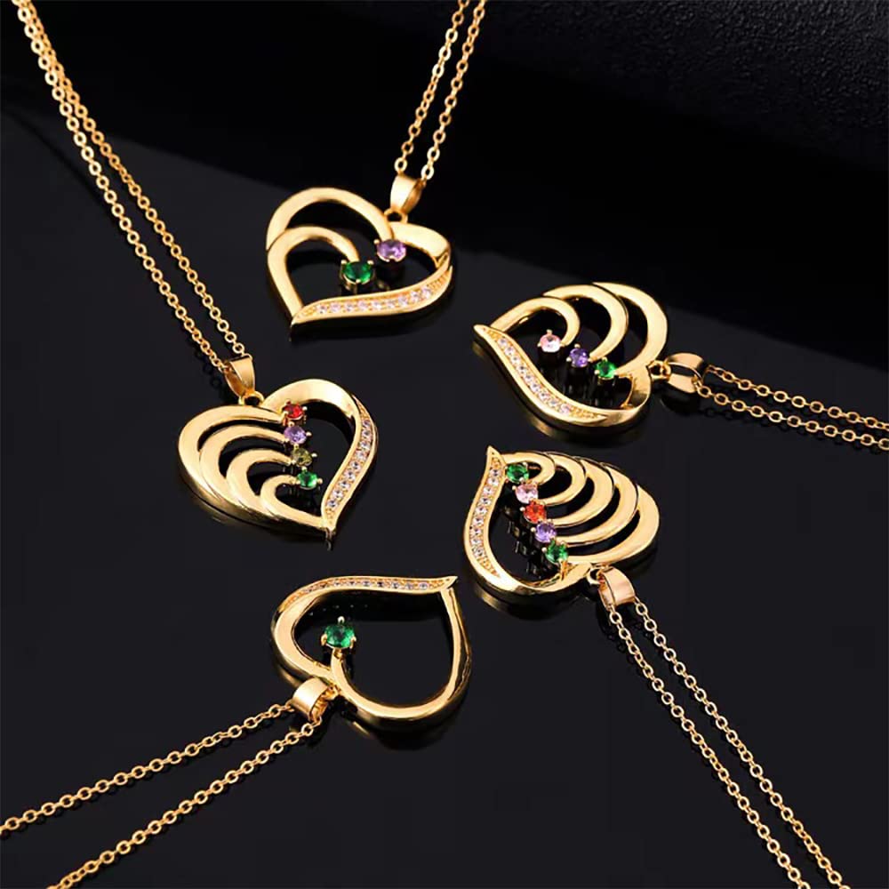 MOLICACI 10K/14K/18K Solid Gold Personalized Name Heart Necklace With 3 Birthstone, Real Gold Customized Mom Names Pendant Necklace Gold Mothers Necklace for mom, wife, Grandma