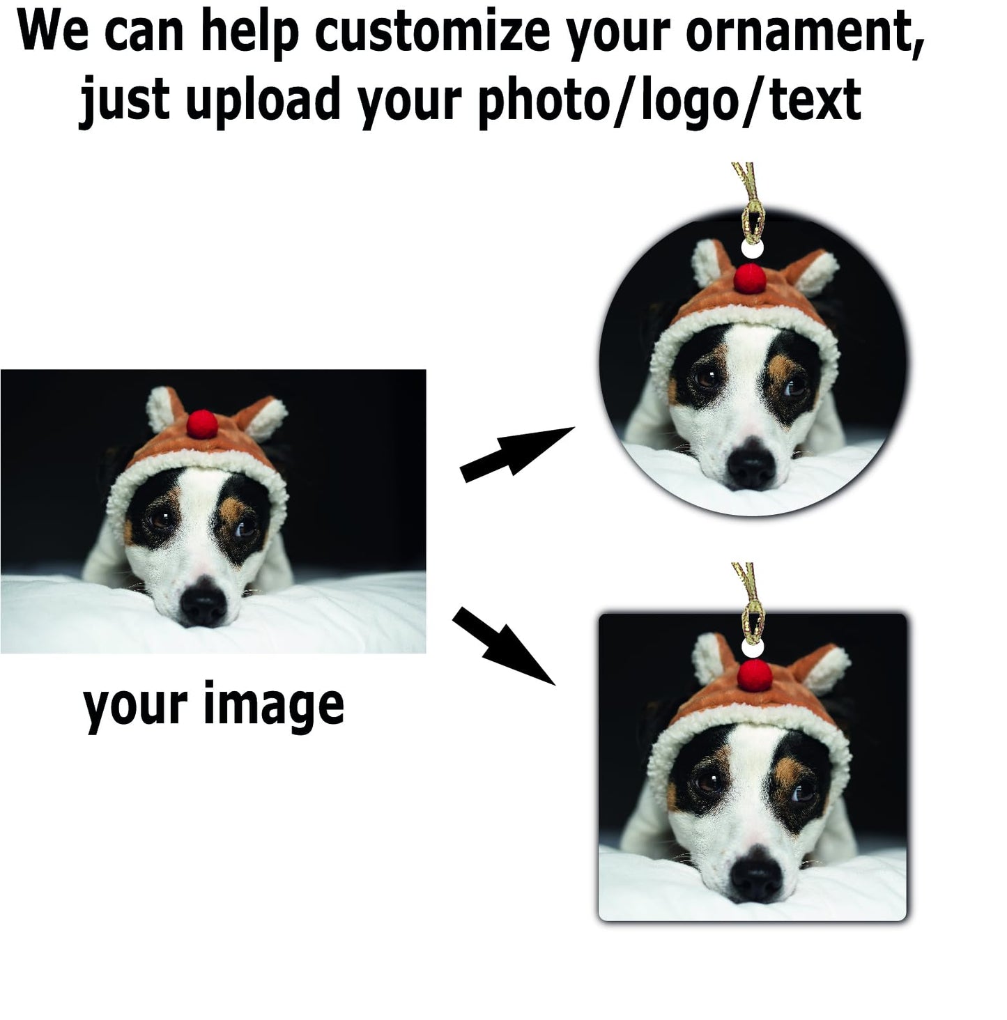 Personalized Christmas Ornament, Add Photo Text or Art Design and Make Your own Customized Porcelain Ceramic Ornament, Gold String and Gift Bag Included (Square)