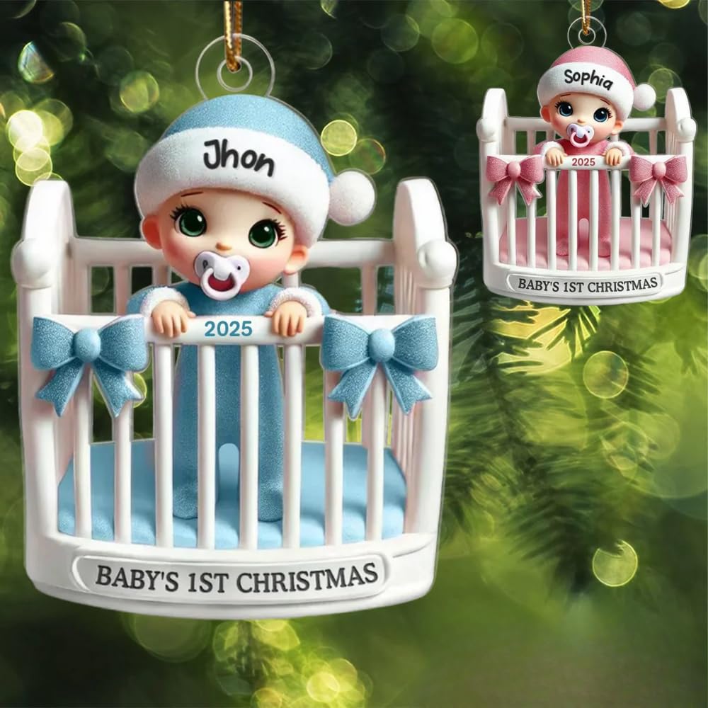 Baby Inside Crib 3D Effect Baby's First Christmas 2025 Personalized Acrylic Ornament, Personalized Baby Inside Crib Christmas Ornaments, Babies 1st Christmas Ornament 2025, Baby Shower Gifts 2025
