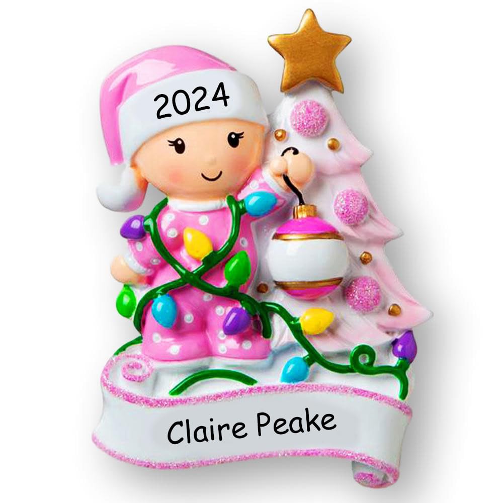 Personalized Baby Christmas Ornaments Baby Girl Baby Boy in Pajamas with Christmas Tree Holiday Decoration Baby's First Keepsake Ornament Custom Name and Date (Pink)