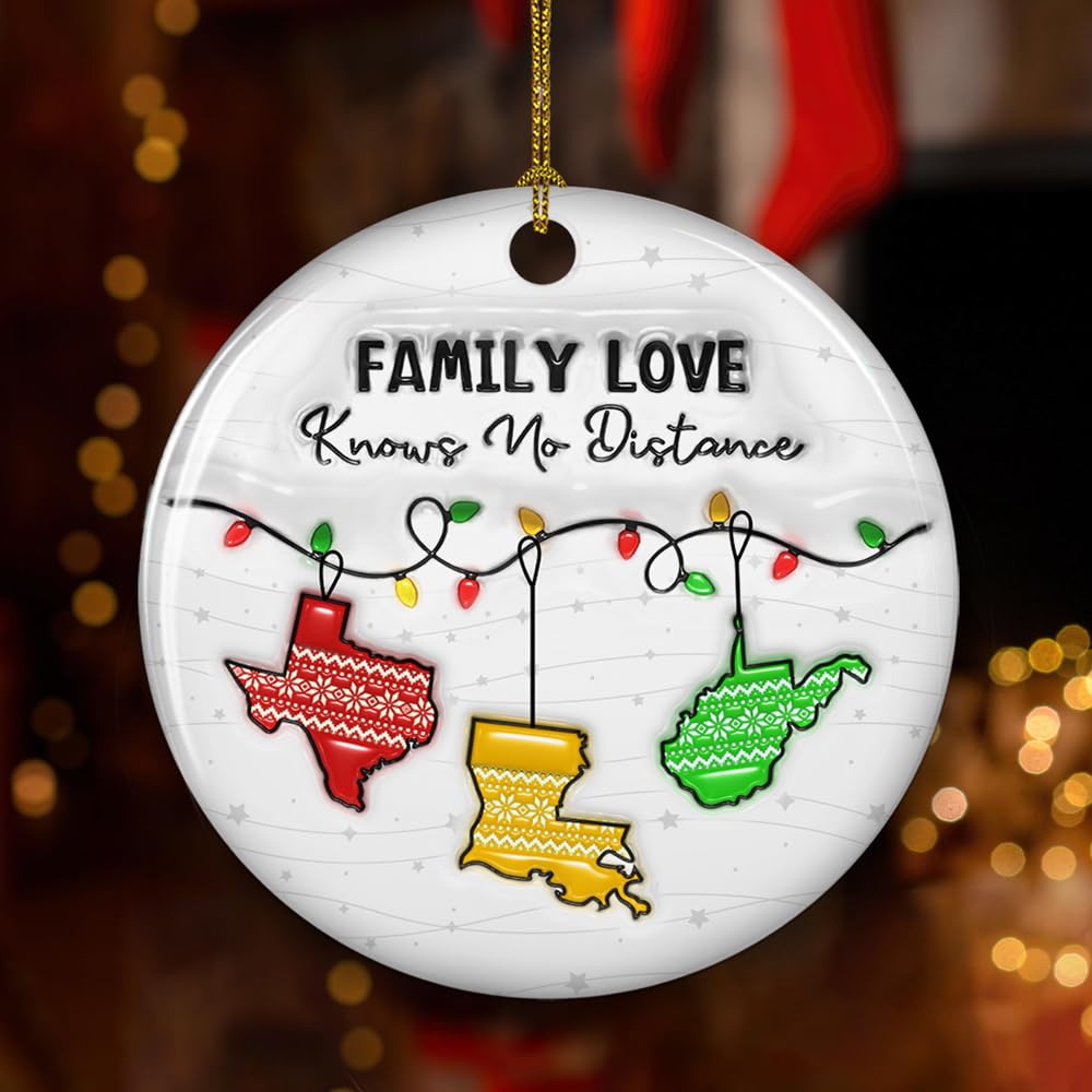 WRAPPINESS Family Love Knows No Distance - Personalized Custom 3D Inflated Effect Ceramic Ornament, Xmas Ornament Keepsake for Long Distance Family, Sisters, Siblings