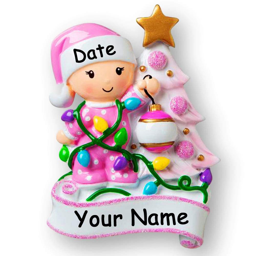 Personalized Baby Christmas Ornaments Baby Girl Baby Boy in Pajamas with Christmas Tree Holiday Decoration Baby's First Keepsake Ornament Custom Name and Date (Pink)
