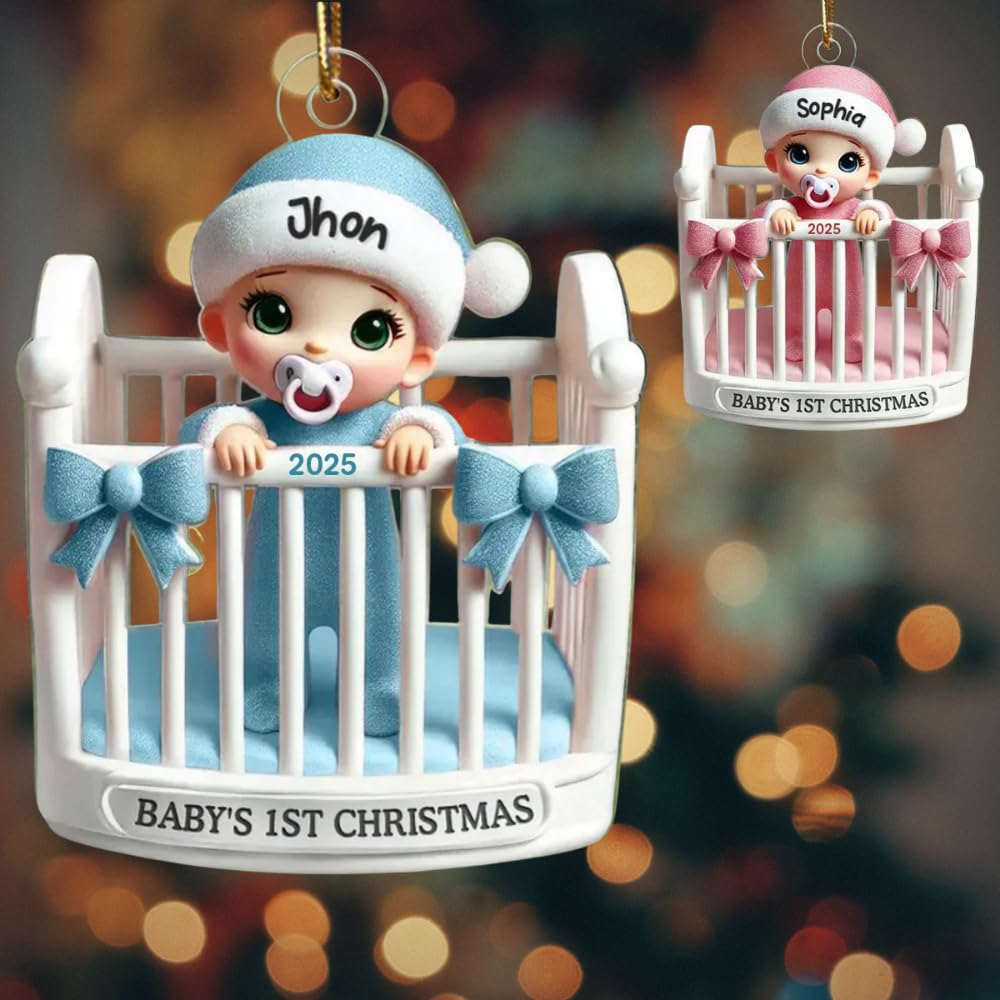 Baby Inside Crib 3D Effect Baby's First Christmas 2025 Personalized Acrylic Ornament, Personalized Baby Inside Crib Christmas Ornaments, Babies 1st Christmas Ornament 2025, Baby Shower Gifts 2025