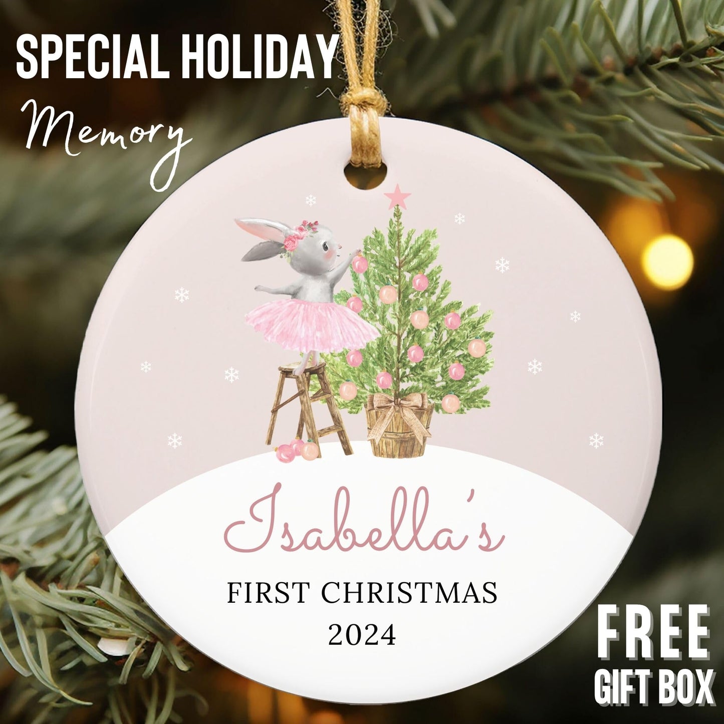 2024 Baby's First Christmas Ornament Personalized With Name - New Parents Gift for Mom Dad, Custom Pink Bunny for Christmas Tree