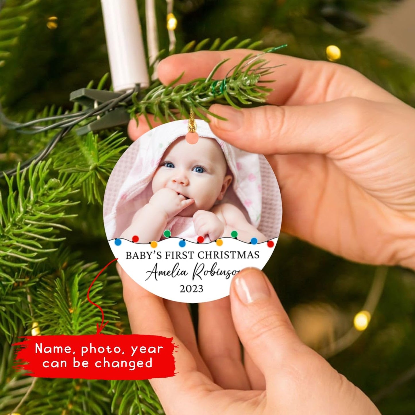Cenluxy Add Photo Baby's First Christmas Ornament 2023, Personalized Picture Frame Baby's 1st Xmas Ornament Gifts Baby Boy Girl Kids, Baby's Name Born Date Photo Custom Ornament, Christmas Tree Decor
