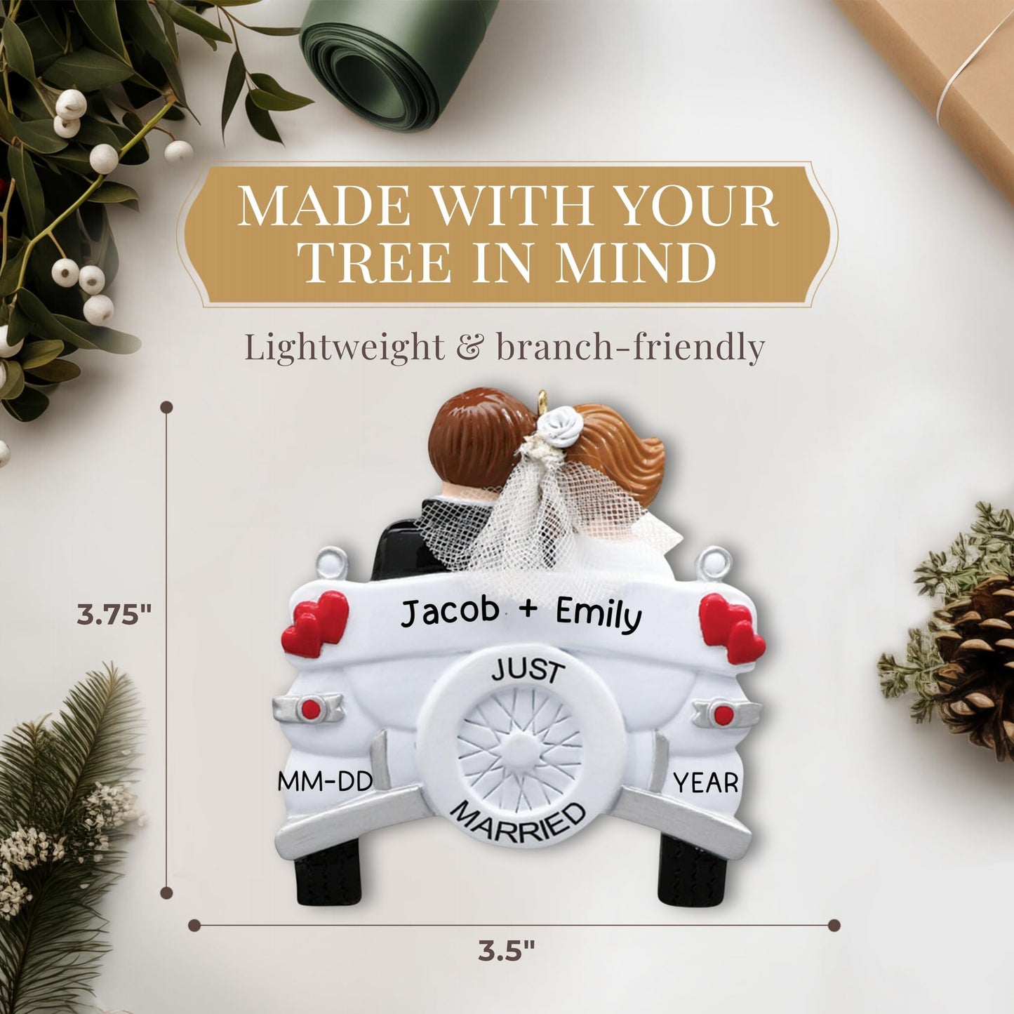 Personalized Wedding Ornament 2025 | Free 24h Customization | Laser Engraved Couple Christmas Ornaments for Tree | Custom Gift Wrapped Just Married Car Keepsake for Newly Weds