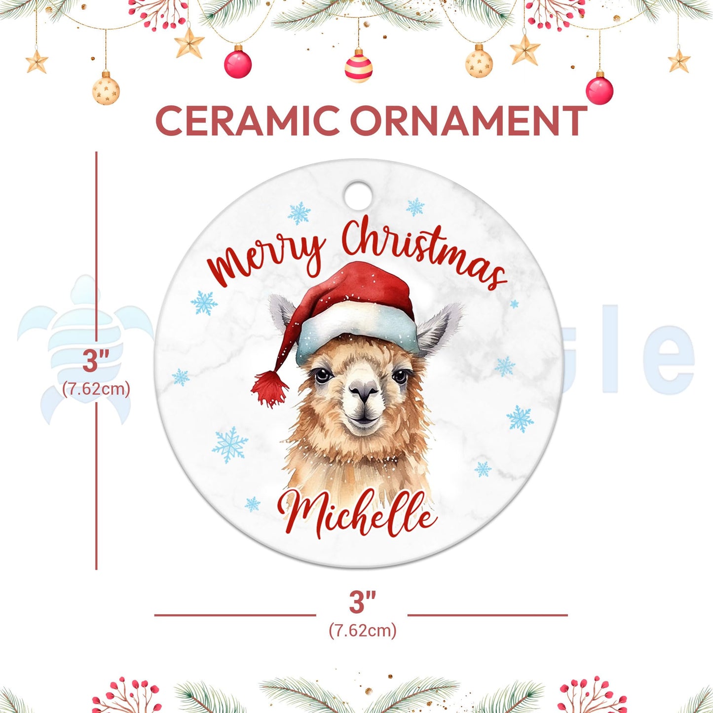 Hyturtle Personalized Christmas Ornament Gifts for Llama Lover - Llama Xmas Custom Name Ceramic Ornament - Cute Animal Lover Gifts for Women Kids Family - Xmas Tree Hanging Decoration