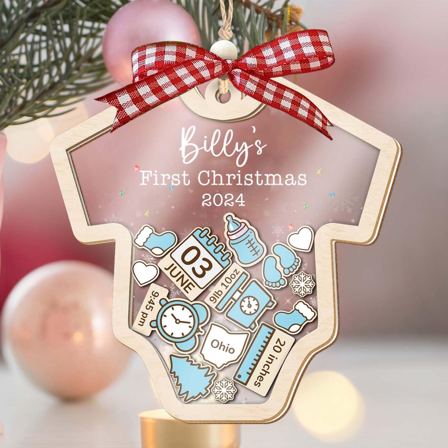 Baby's First Christmas Ornament 2024 Girl Boy - Baby Onesie Personalized Christmas Ornaments, Custom Babys 1st Christmas Ornament 2024 Name, Birthdate, Weight, Height for Newborn