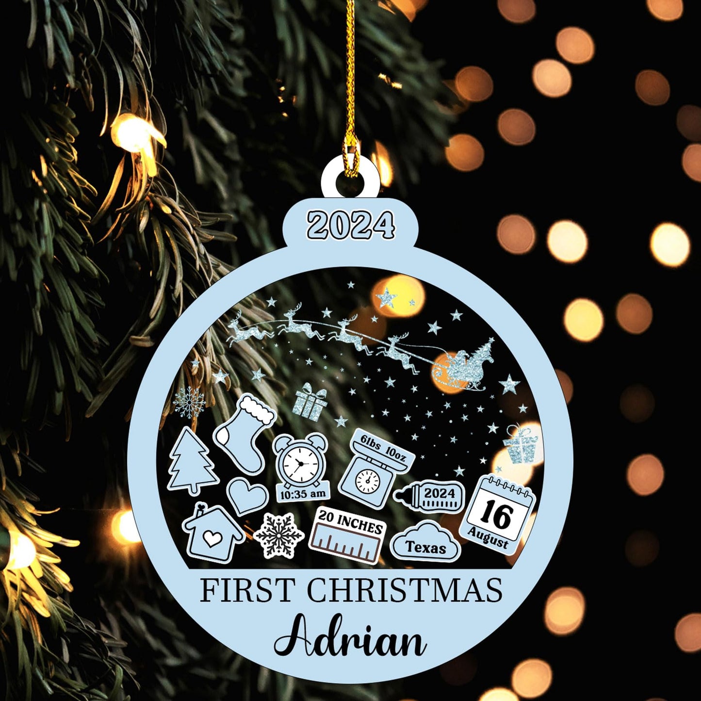 Baby‘s First Christmas Ornament 2024 Custom New Baby Gifts Personalized Funny Round Shape Baby Name, Birthdate, Weight, Height for Newborn Girl Boy Keepsake Ornament