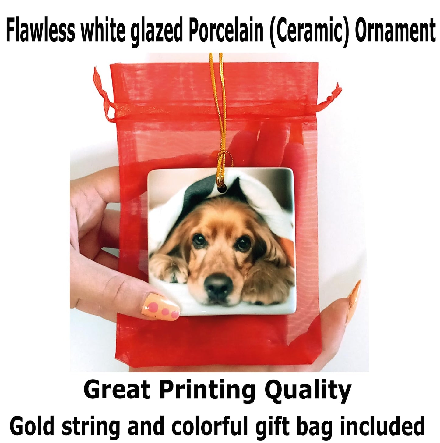Personalized Christmas Ornament, Add Photo Text or Art Design and Make Your own Customized Porcelain Ceramic Ornament, Gold String and Gift Bag Included (Square)