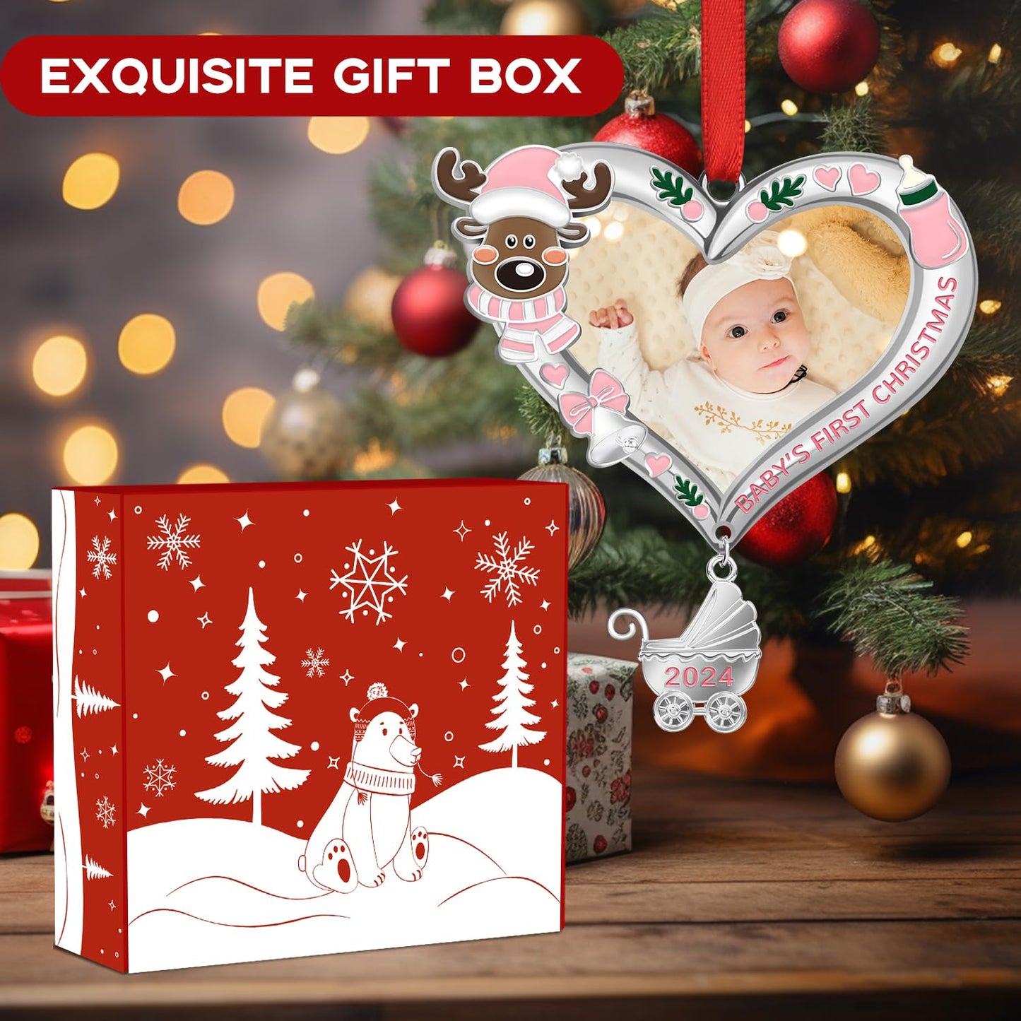 Babys First Christmas Ornament 2024 Girl – My First Christmas Xmas Tree Picture Frame Ornament – Personalized 1st Christmas Baby Ornament 2024 – Ornament for Newborn