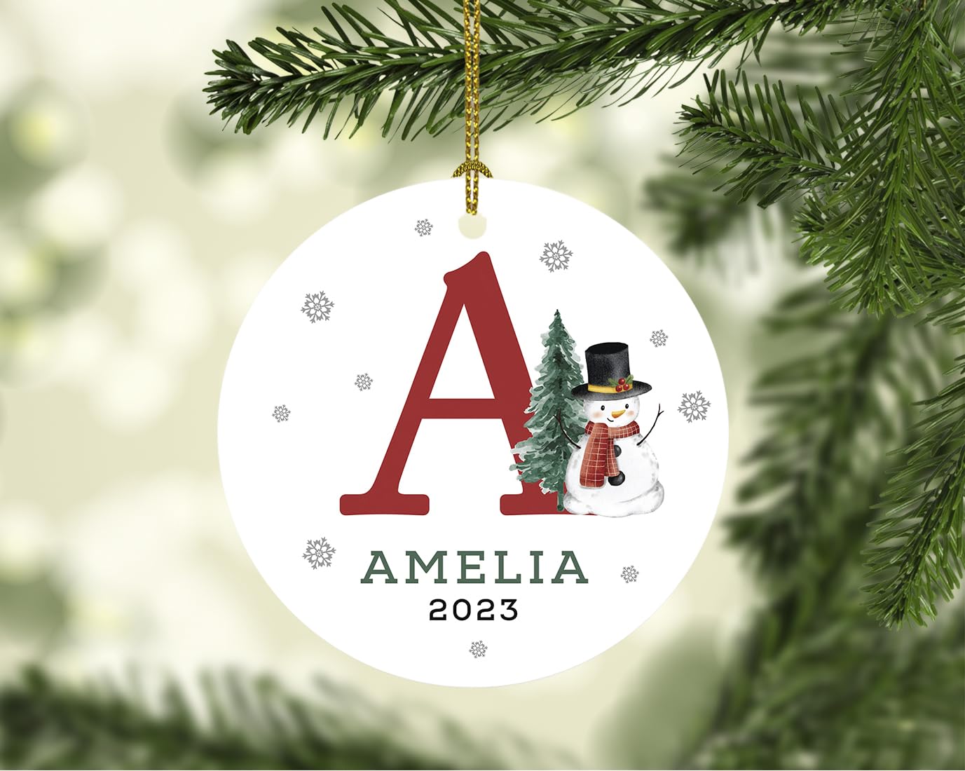 Andaz Press Personalized Christmas Ornament, Custom Name Initial A Monogram Snowman 2.8" Ceramic Porcelain 2024 Christmas Ornament For Kids Boys Girls 1-Pack Initial Ornaments Name Ornaments Christmas