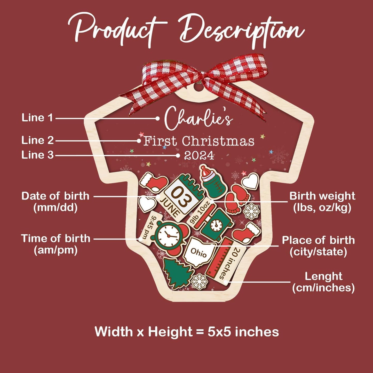 Baby's First Christmas Ornament 2024 Girl Boy - Baby Onesie Personalized Christmas Ornaments, Custom Babys 1st Christmas Ornament 2024 Name, Birthdate, Weight, Height for Newborn