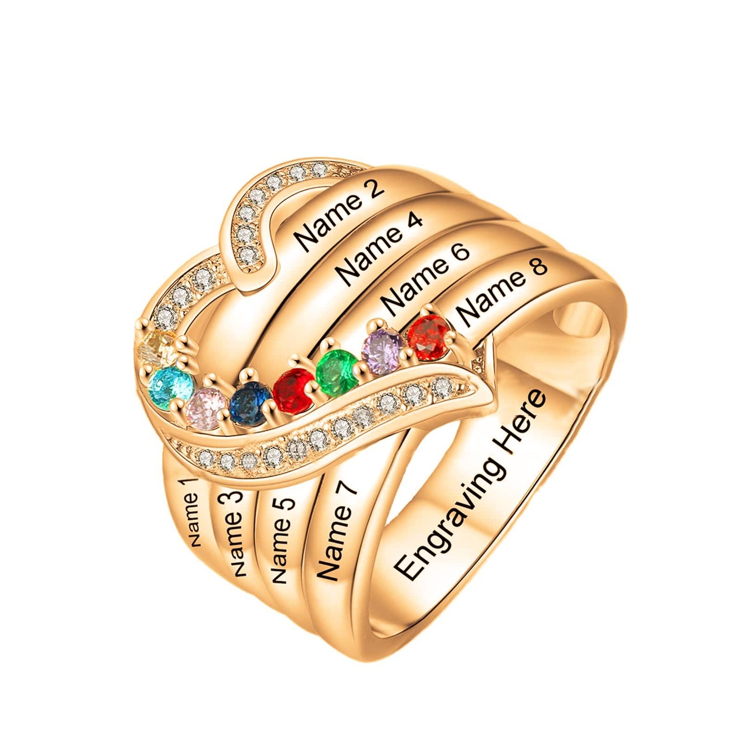 10K 14K 18K Solid Gold Personalized Family Name Ring Mothers Ring with 8 Birthstones for Women Custom Multiple Name Ring Jewelry Gifts for Mom Grandmother Wife Birthday Mother's Day Christmas