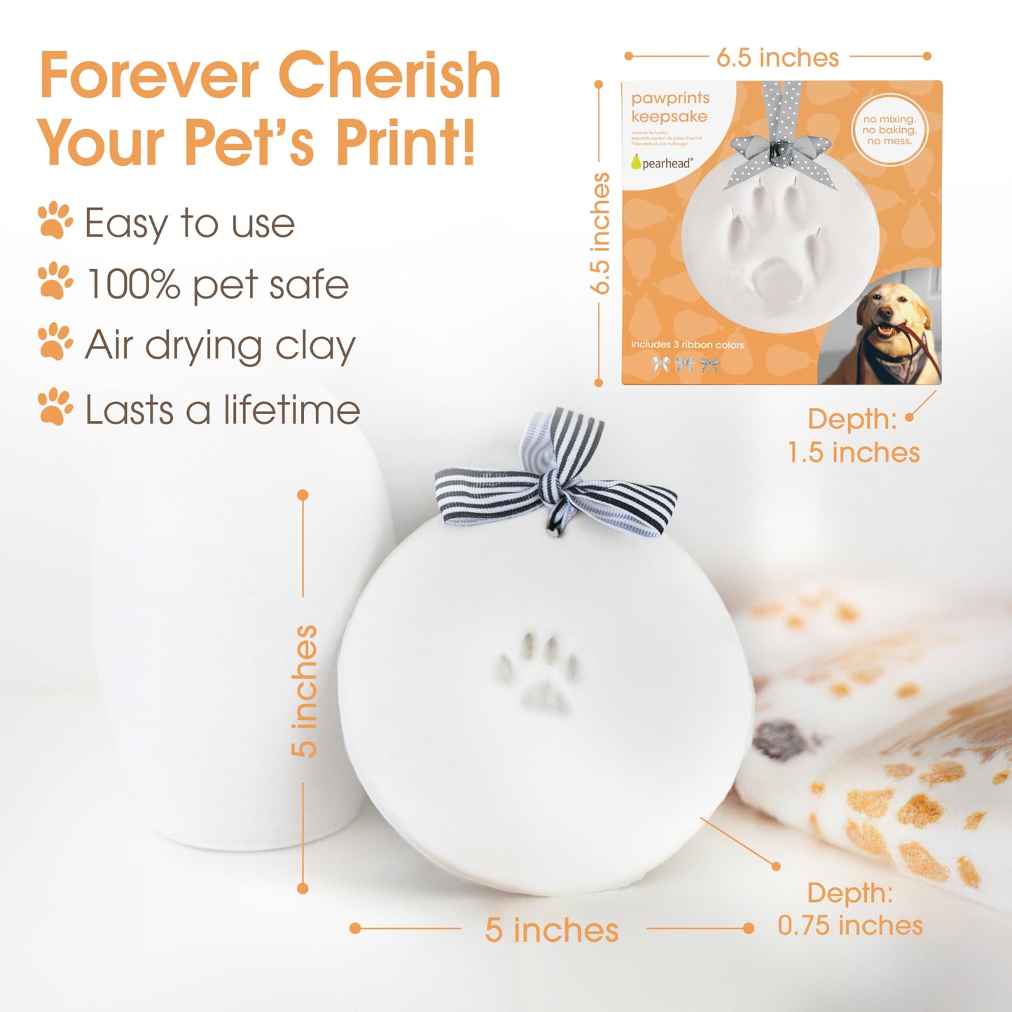 Pearhead Pet Paw Print Keepsake Ornament Kit - DIY Hanging Clay Keepsake for Dogs & Cats, Pet's First Christmas Ornament, Customized Family Ornament, 3 Ribbons