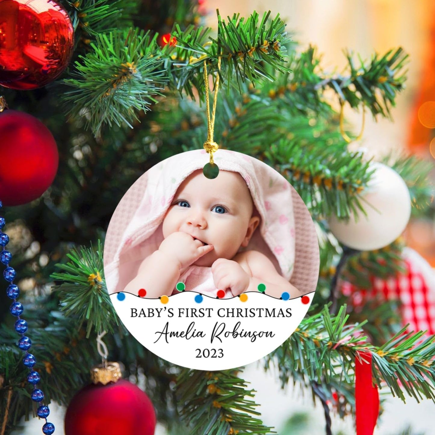 Cenluxy Add Photo Baby's First Christmas Ornament 2023, Personalized Picture Frame Baby's 1st Xmas Ornament Gifts Baby Boy Girl Kids, Baby's Name Born Date Photo Custom Ornament, Christmas Tree Decor