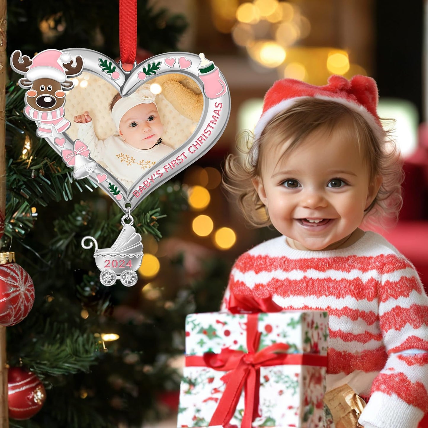 Babys First Christmas Ornament 2024 Girl – My First Christmas Xmas Tree Picture Frame Ornament – Personalized 1st Christmas Baby Ornament 2024 – Ornament for Newborn