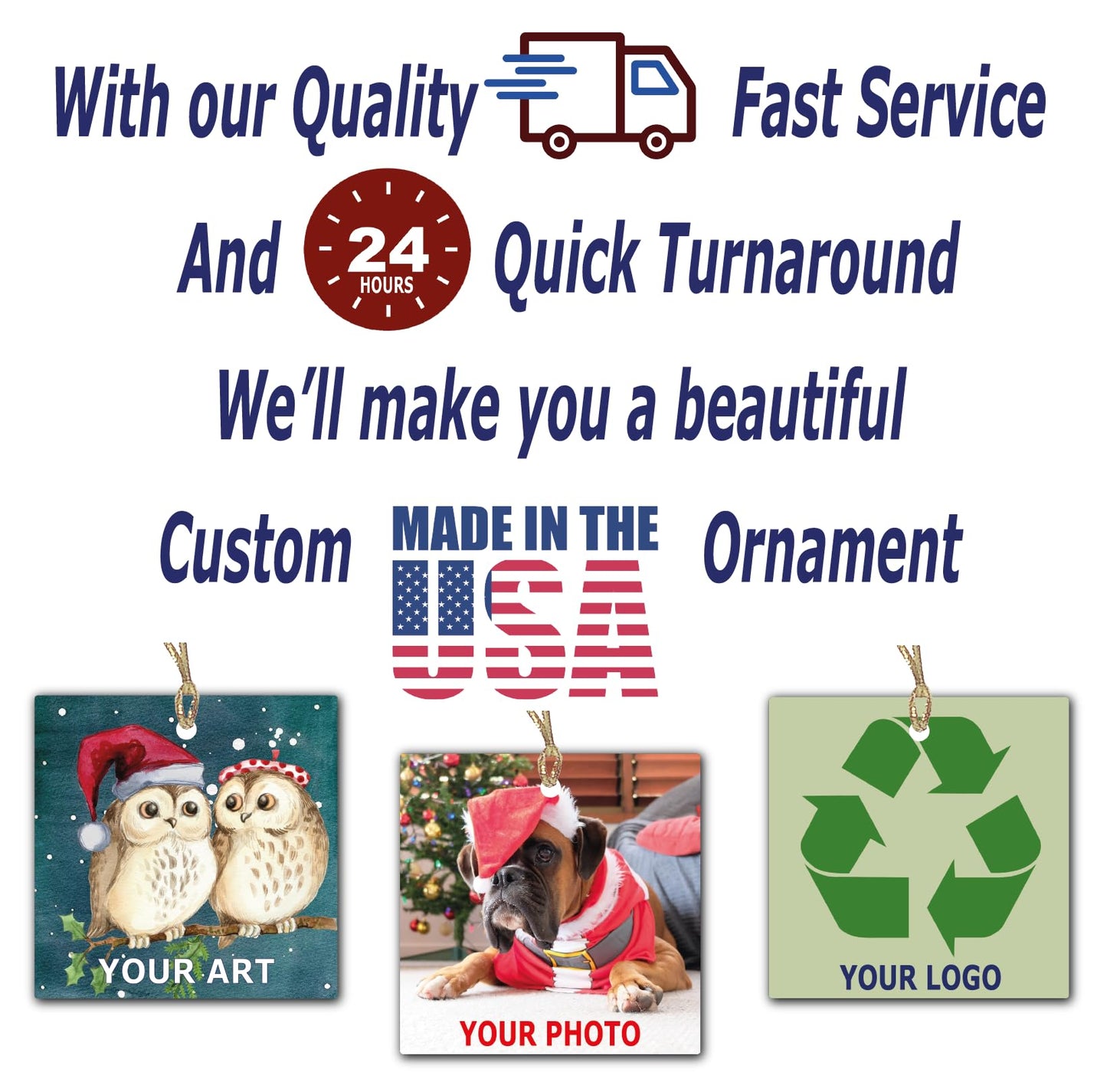 Personalized Christmas Ornament, Add Photo Text or Art Design and Make Your own Customized Porcelain Ceramic Ornament, Gold String and Gift Bag Included (Square)