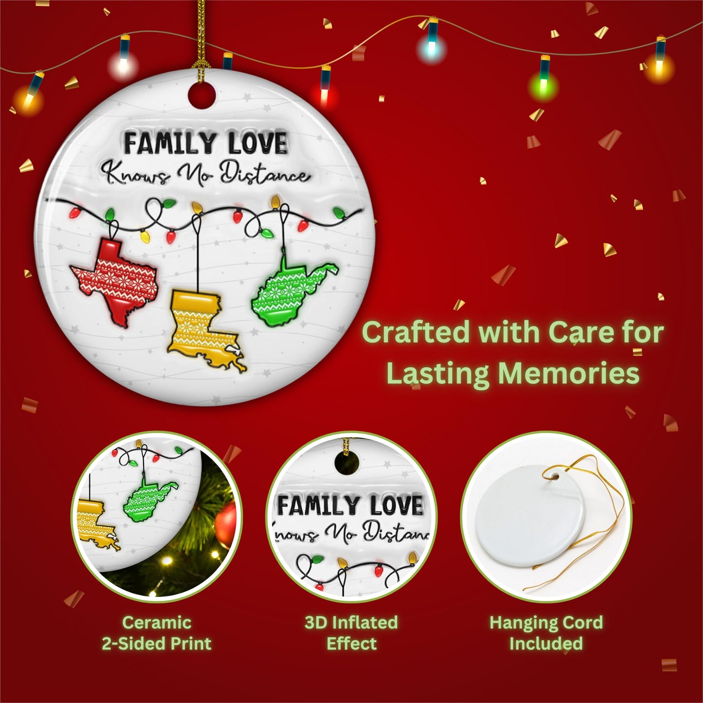 WRAPPINESS Family Love Knows No Distance - Personalized Custom 3D Inflated Effect Ceramic Ornament, Xmas Ornament Keepsake for Long Distance Family, Sisters, Siblings
