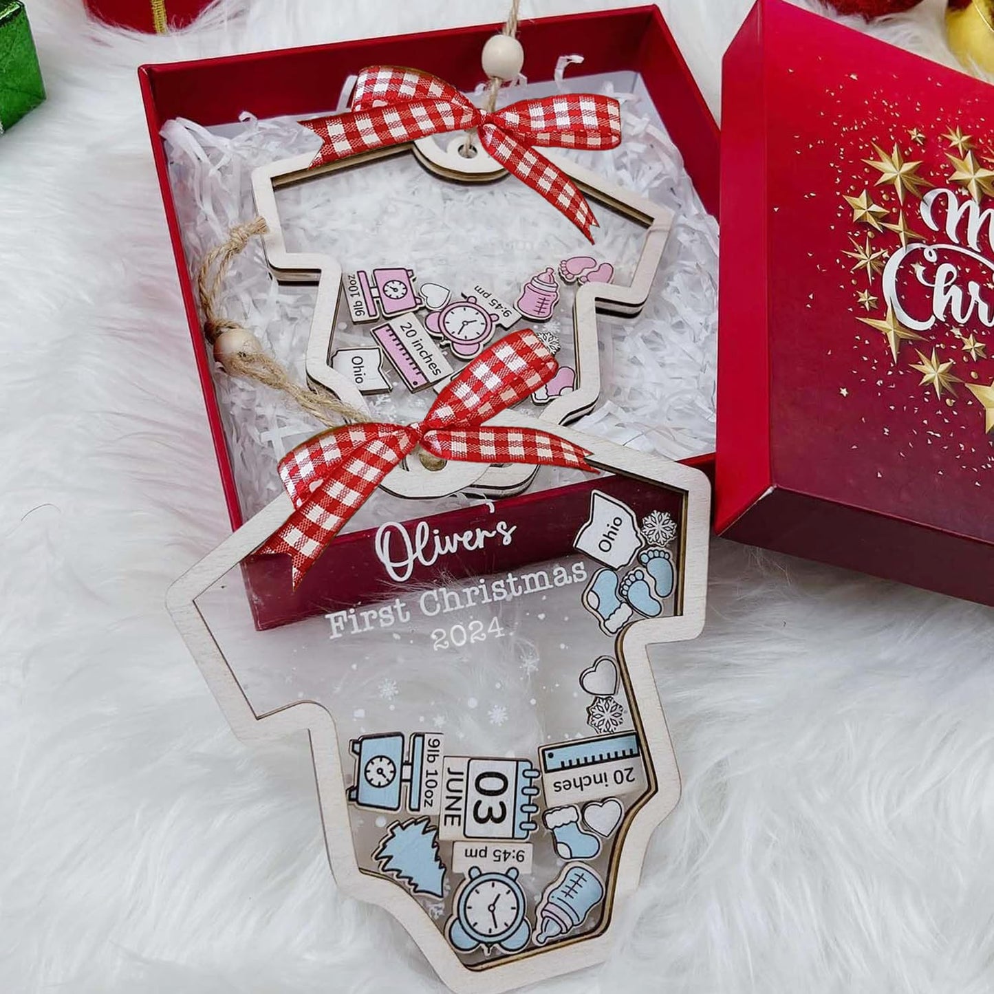 Baby's First Christmas Ornament 2024 Girl Boy - Baby Onesie Personalized Christmas Ornaments, Custom Babys 1st Christmas Ornament 2024 Name, Birthdate, Weight, Height for Newborn