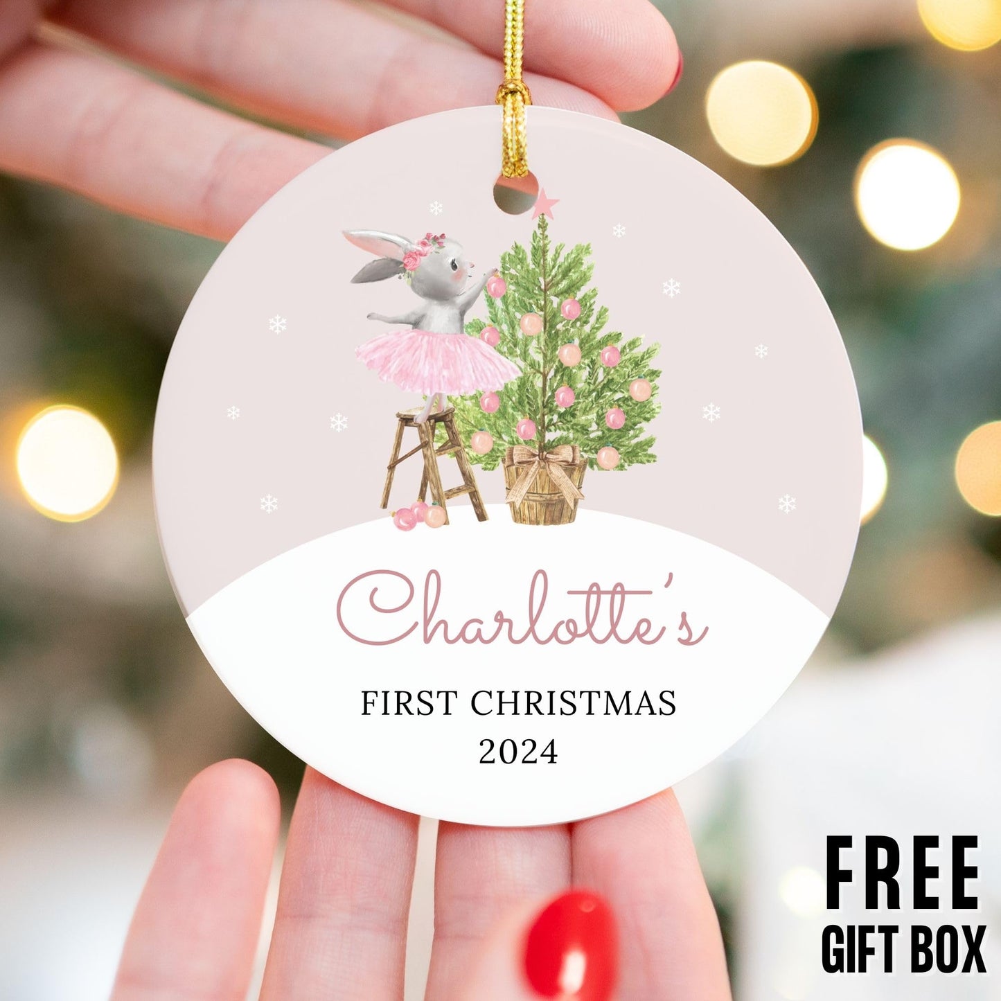 2024 Baby's First Christmas Ornament Personalized With Name - New Parents Gift for Mom Dad, Custom Pink Bunny for Christmas Tree