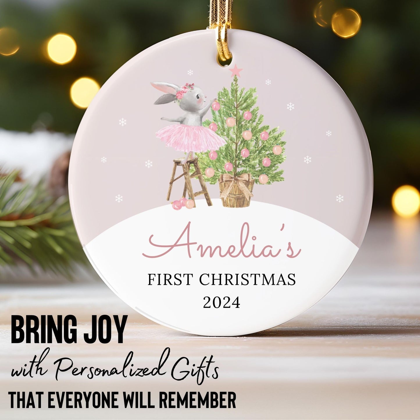 2024 Baby's First Christmas Ornament Personalized With Name - New Parents Gift for Mom Dad, Custom Pink Bunny for Christmas Tree