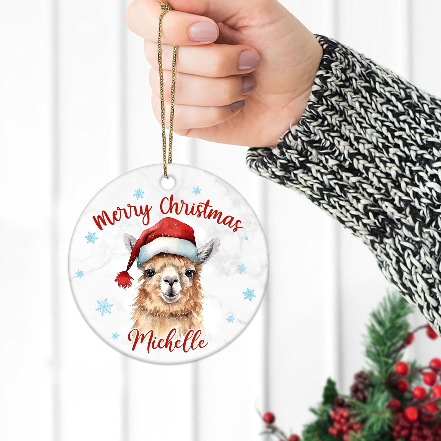 Hyturtle Personalized Christmas Ornament Gifts for Llama Lover - Llama Xmas Custom Name Ceramic Ornament - Cute Animal Lover Gifts for Women Kids Family - Xmas Tree Hanging Decoration