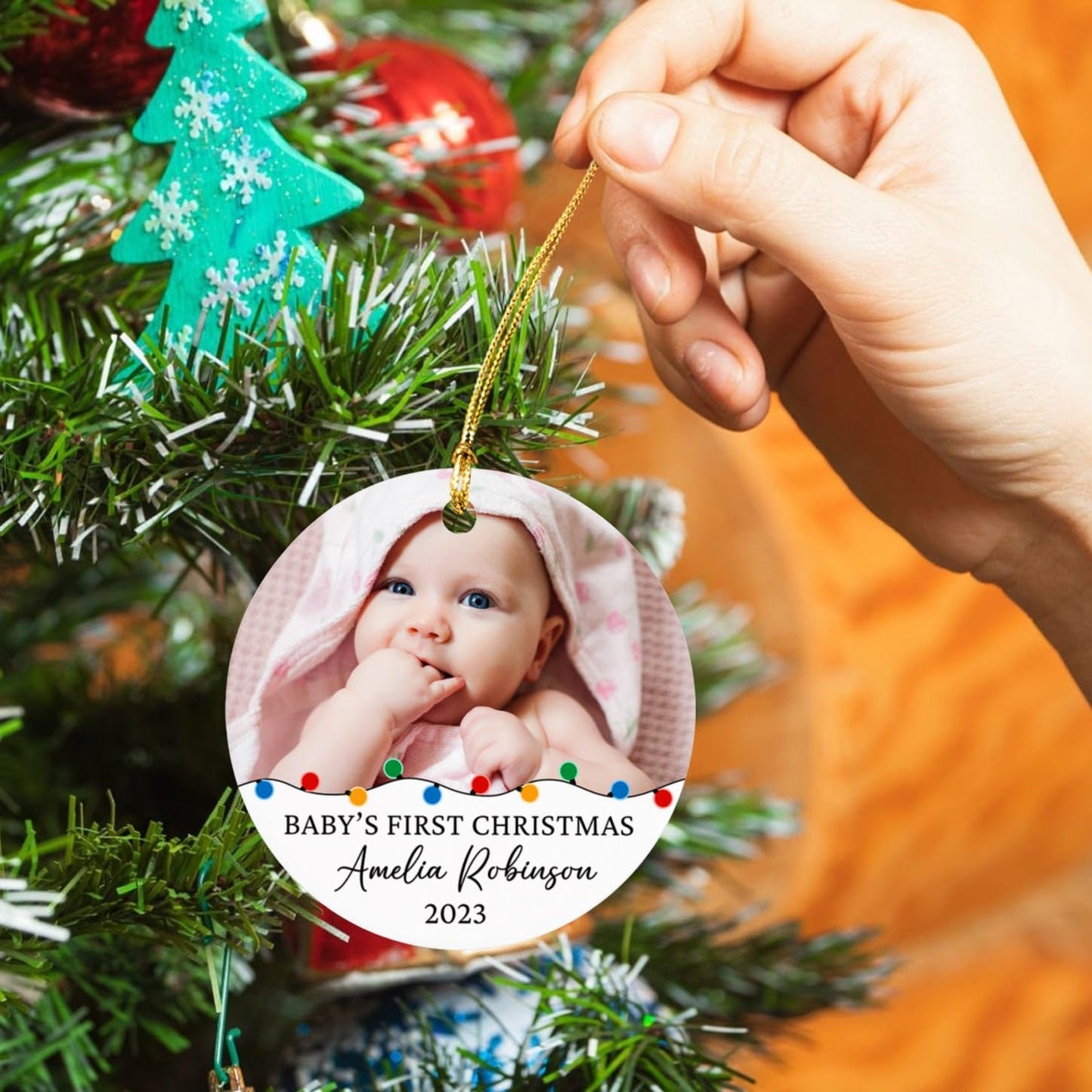 Cenluxy Add Photo Baby's First Christmas Ornament 2023, Personalized Picture Frame Baby's 1st Xmas Ornament Gifts Baby Boy Girl Kids, Baby's Name Born Date Photo Custom Ornament, Christmas Tree Decor