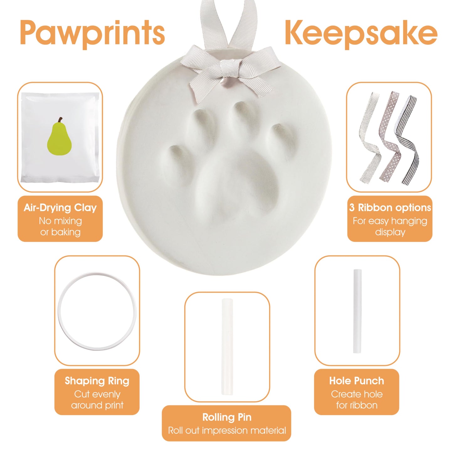 Pearhead Pet Paw Print Keepsake Ornament Kit - DIY Hanging Clay Keepsake for Dogs & Cats, Pet's First Christmas Ornament, Customized Family Ornament, 3 Ribbons