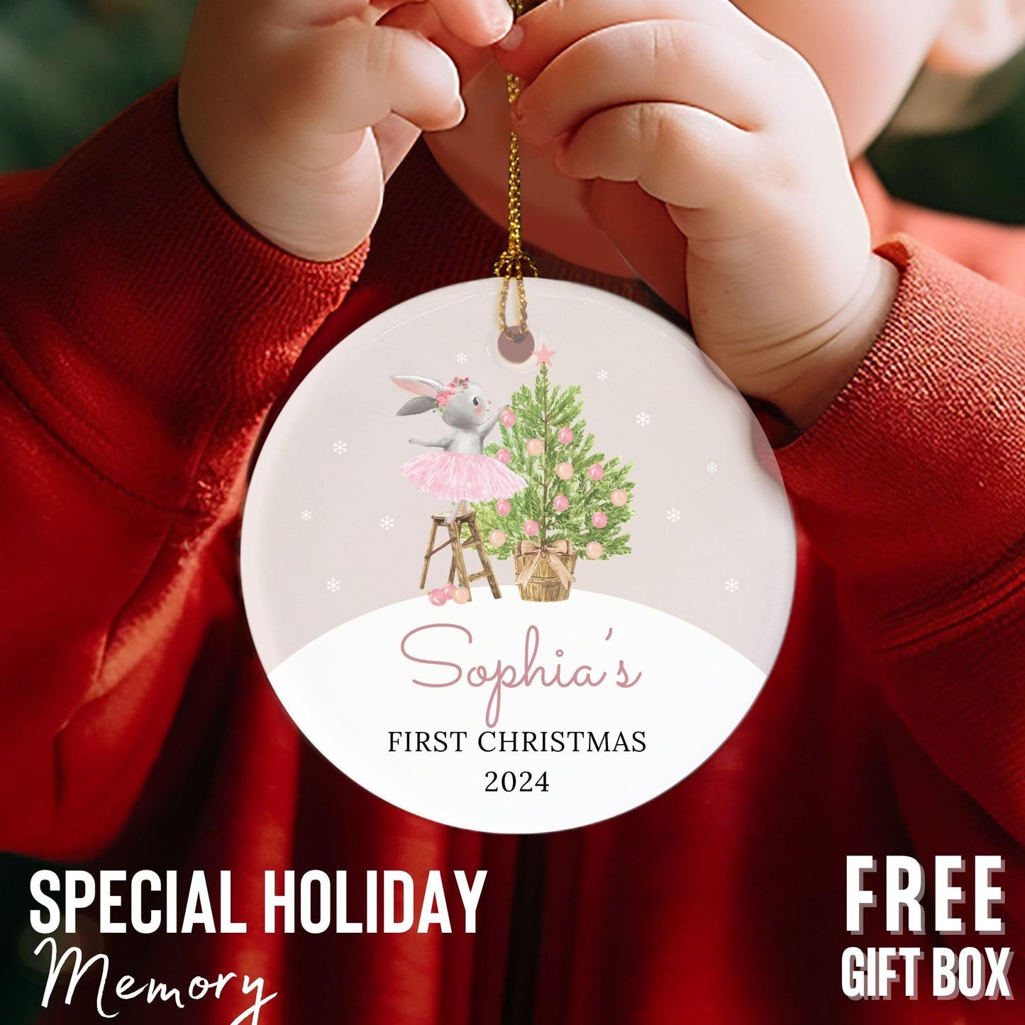 2024 Baby's First Christmas Ornament Personalized With Name - New Parents Gift for Mom Dad, Custom Pink Bunny for Christmas Tree