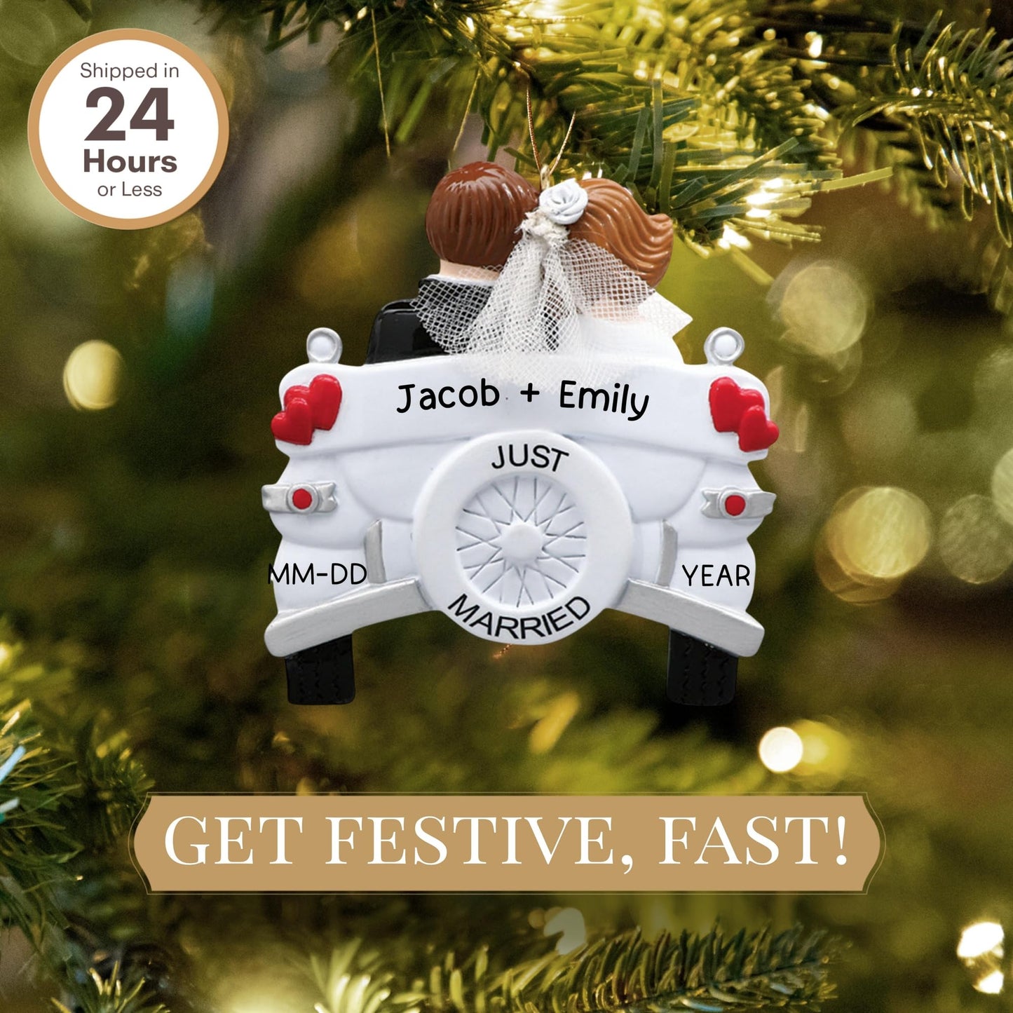 Personalized Wedding Ornament 2025 | Free 24h Customization | Laser Engraved Couple Christmas Ornaments for Tree | Custom Gift Wrapped Just Married Car Keepsake for Newly Weds