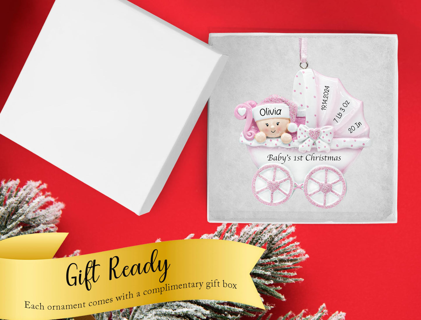 UniqXmas Personalized Baby's First Christmas Ornament 2025 | Baby Girl Carriage Xmas Tree Decoration Pink Stroller | My 1st Xmas Keepsake for New Baby Newborn Grandbaby - Custom Name & Year
