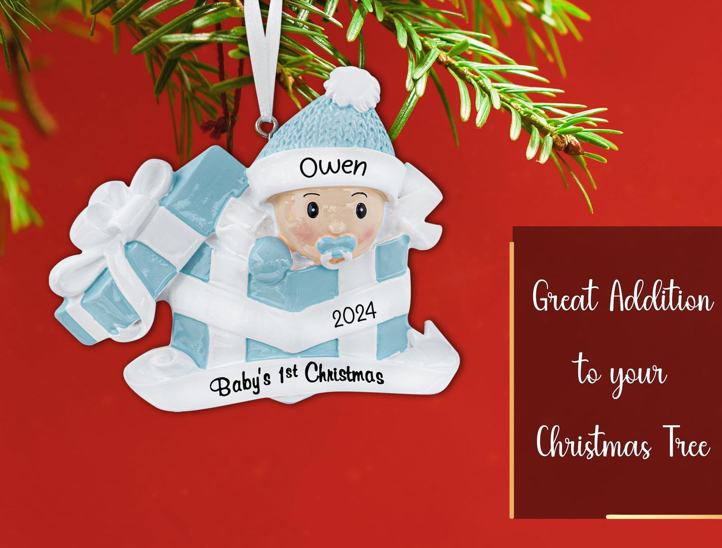 UniqXmas Personalized Baby's First Christmas Ornament 2025 | Custom Baby Boy in Blue Present Xmas Tree Decoration – Newborn New Grandbaby My 1st Year Ornament