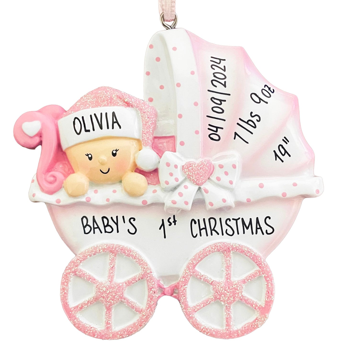 UniqXmas Personalized Baby's First Christmas Ornament 2025 | Baby Girl Carriage Xmas Tree Decoration Pink Stroller | My 1st Xmas Keepsake for New Baby Newborn Grandbaby - Custom Name & Year