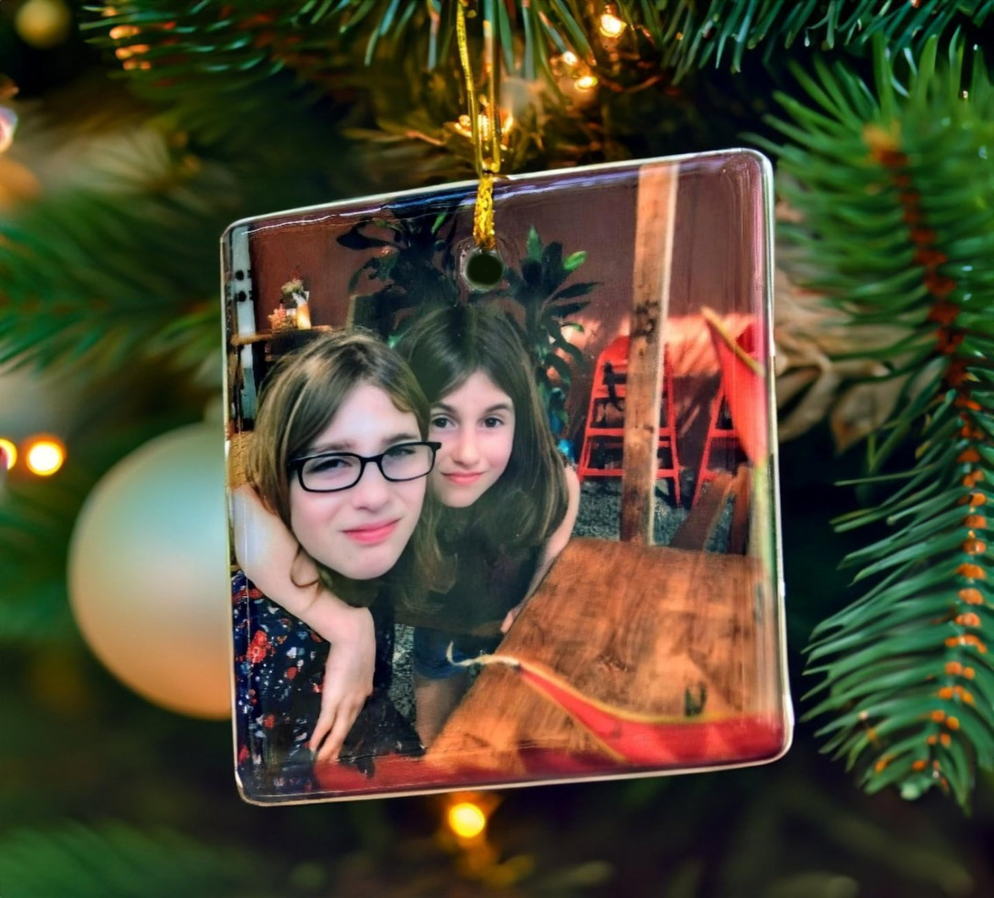 Personalized Christmas Ornament, Add Photo Text or Art Design and Make Your own Customized Porcelain Ceramic Ornament, Gold String and Gift Bag Included (Square)