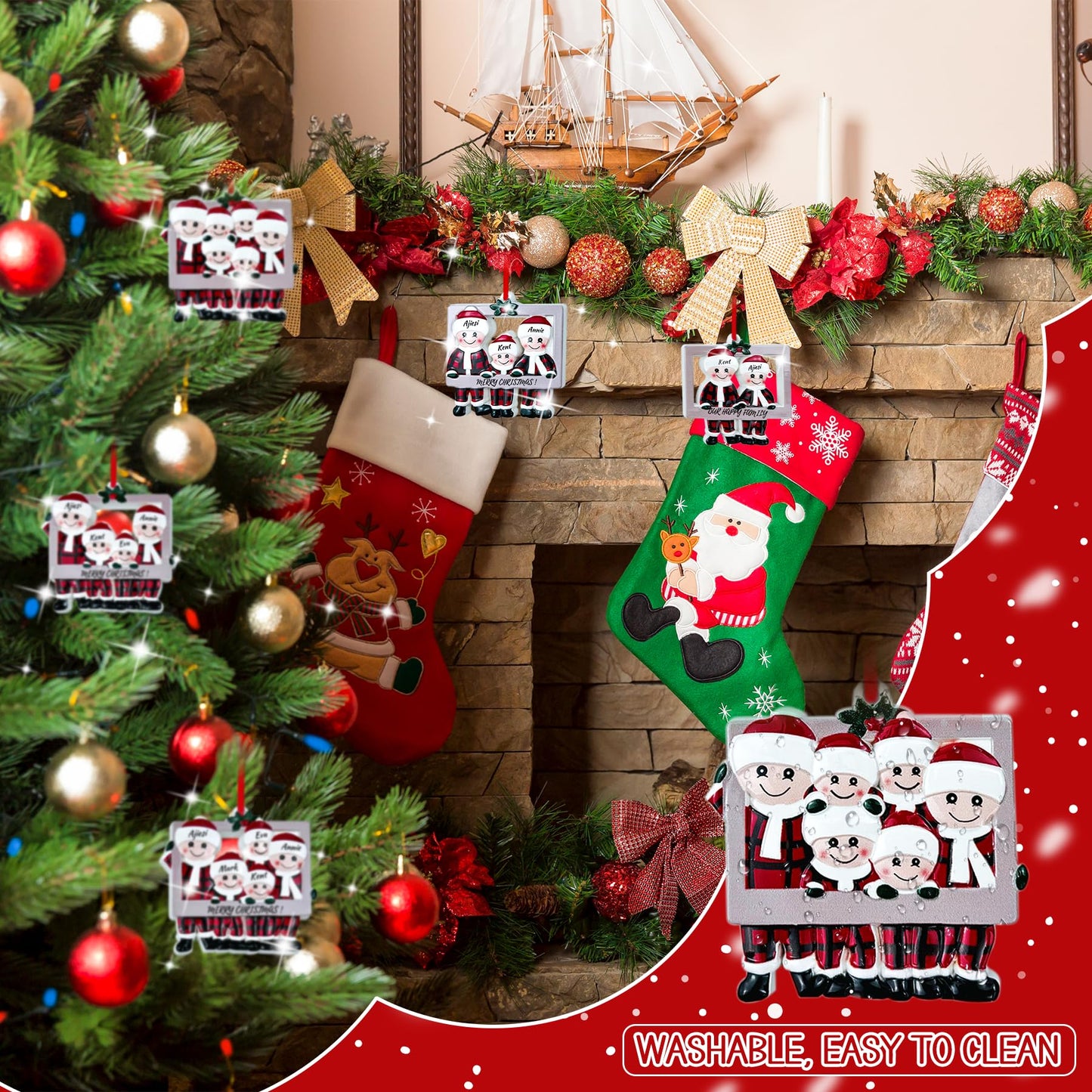 Personalized Picture Frame Christmas Ornament 2025 – Resin Tree Ornament with DIY Name Pendant, Happy Family Decor, 3D Cute Personalized Christmas Ornaments for Tree (Family of 4)