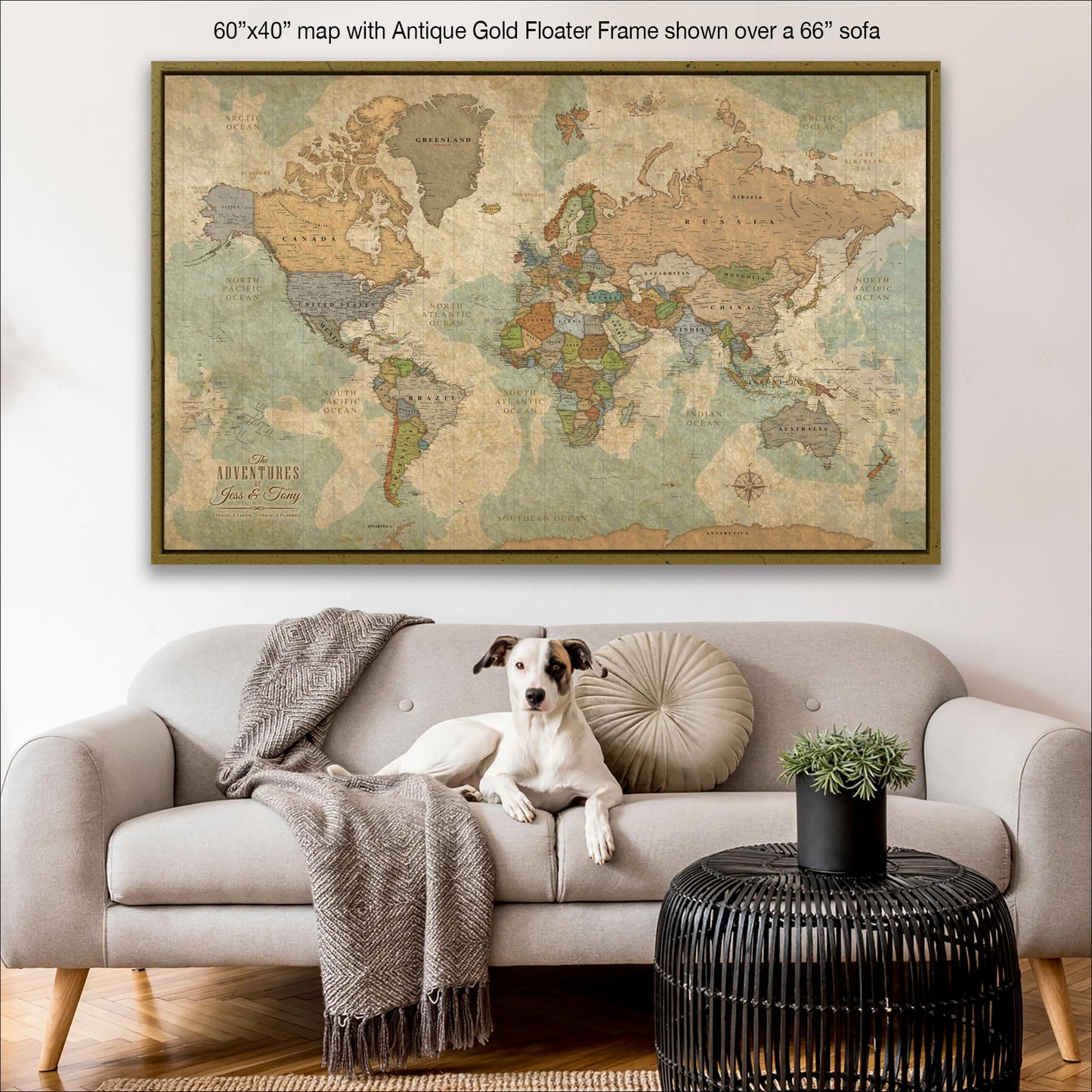 Holy Cow Canvas Personalized World Map on Canvas in Vintage Earth Tones, Travel Map with Pins to Mark Travels, World Map Pin Board, World Maps for Wall Push Pin (60" x 40", Framed)