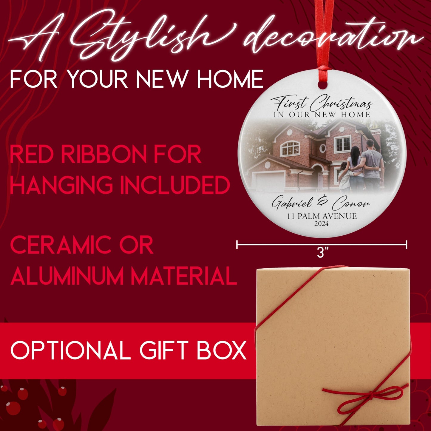 Custom New Home Ornament 2024 w/Your Home Photo, Address - 3" Our 1st Christmas in Our New Home Christmas Keepsake Ornament w/Optional Gift Box, Personalized Newlywed