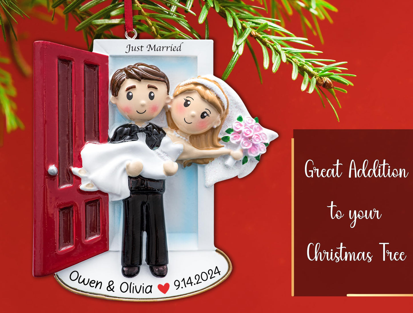 UniqXmas Personalized Our First Christmas Married Ornament 2025 | Customized Wedding Couple Threshold, Groom Carrying Bride for Xmas Tree | Just Married Newlyweds Marriage Keepsake | Custom Name Year