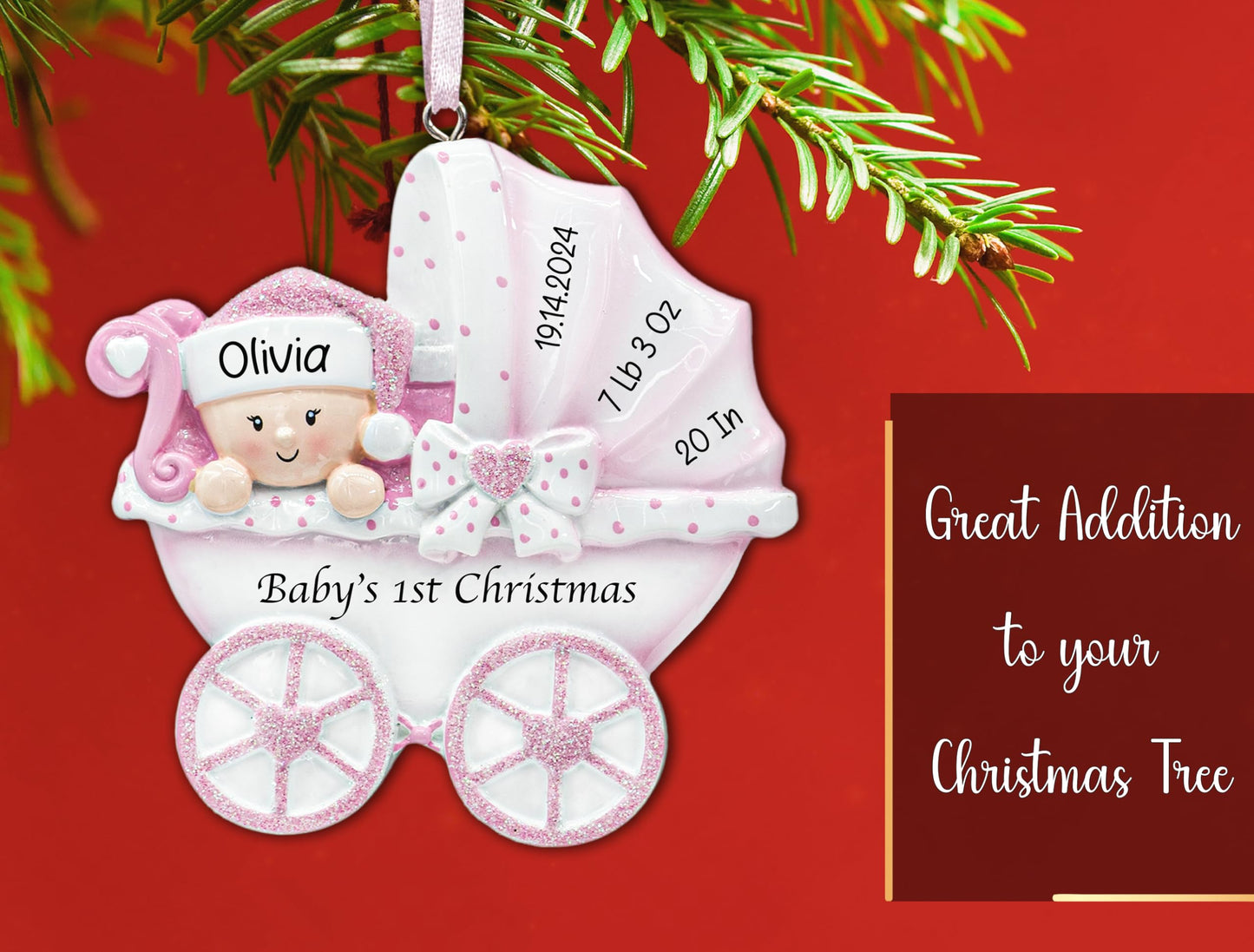 UniqXmas Personalized Baby's First Christmas Ornament 2025 | Baby Girl Carriage Xmas Tree Decoration Pink Stroller | My 1st Xmas Keepsake for New Baby Newborn Grandbaby - Custom Name & Year