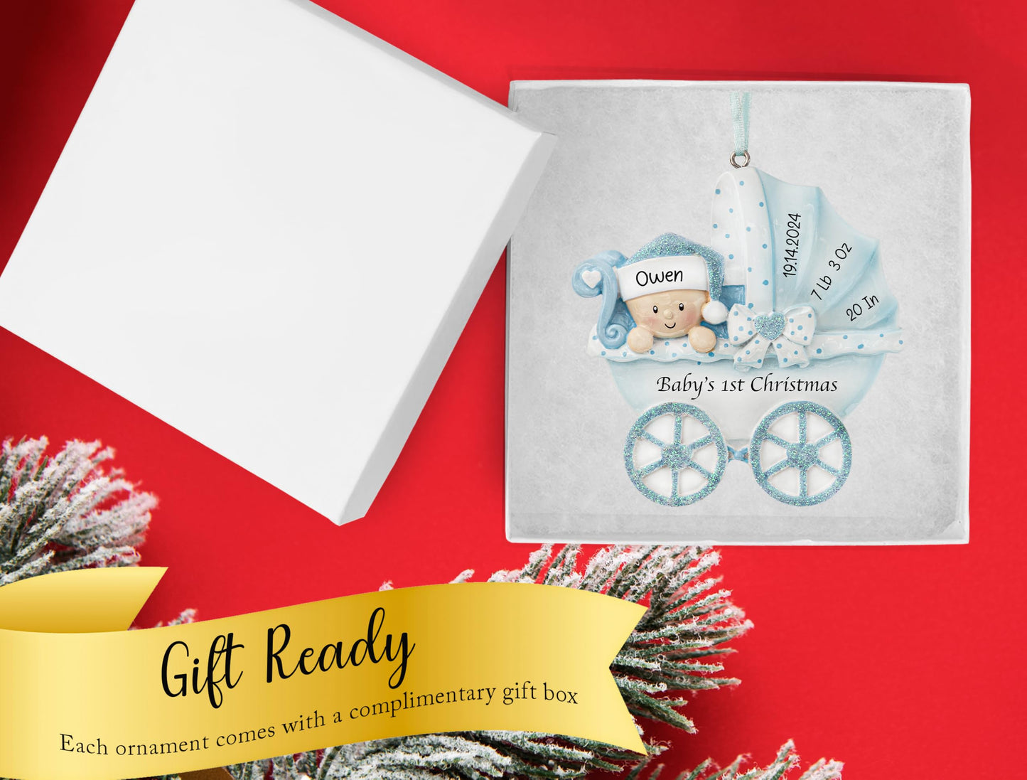 UniqXmas Personalized Baby's First Christmas Ornament 2025 | Baby Boy Carriage Xmas Tree Decoration Blue Stroller | My 1st Xmas Keepsake for New Baby Newborn Grandbaby - Custom Name & Year