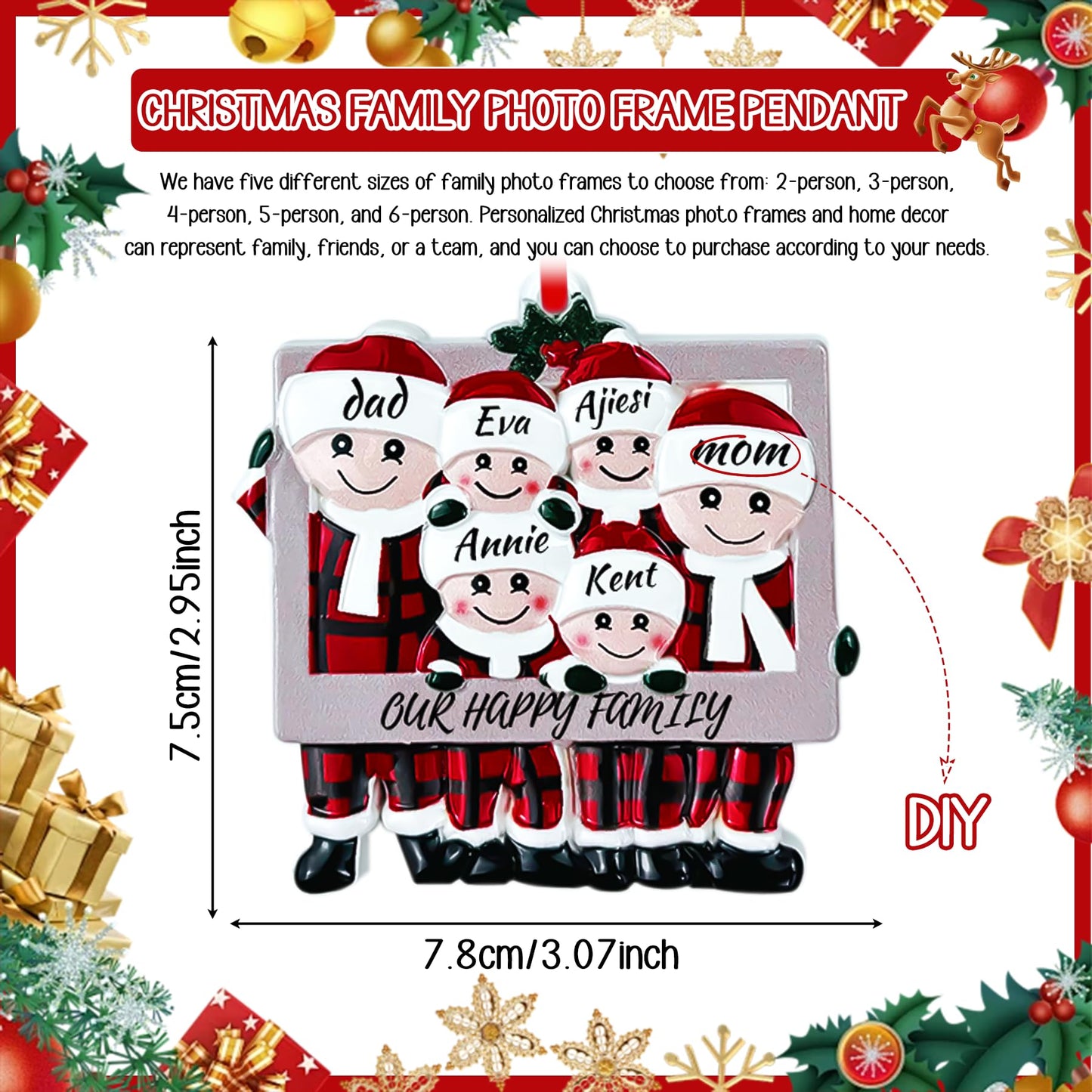 Personalized Picture Frame Christmas Ornament 2025 – Resin Tree Ornament with DIY Name Pendant, Happy Family Decor, 3D Cute Personalized Christmas Ornaments for Tree (Family of 4)