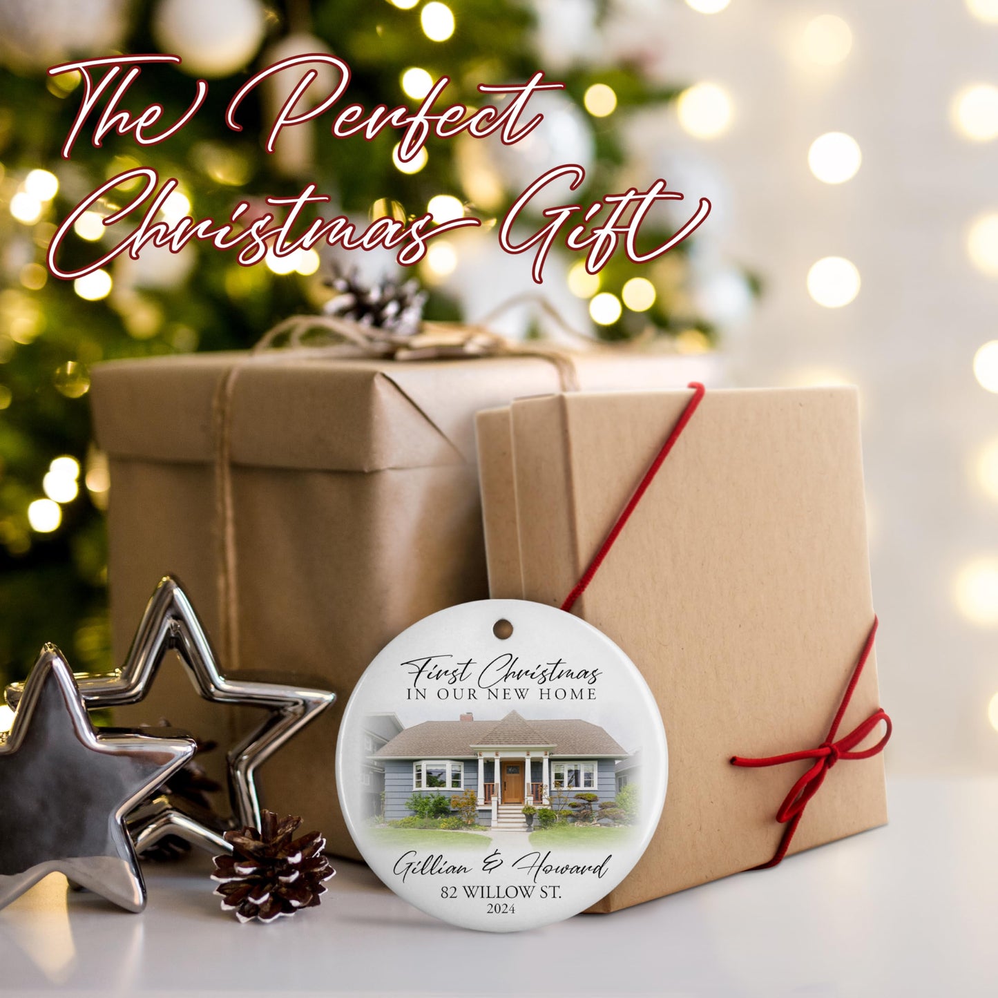 Custom New Home Ornament 2024 w/Your Home Photo, Address - 3" Our 1st Christmas in Our New Home Christmas Keepsake Ornament w/Optional Gift Box, Personalized Newlywed