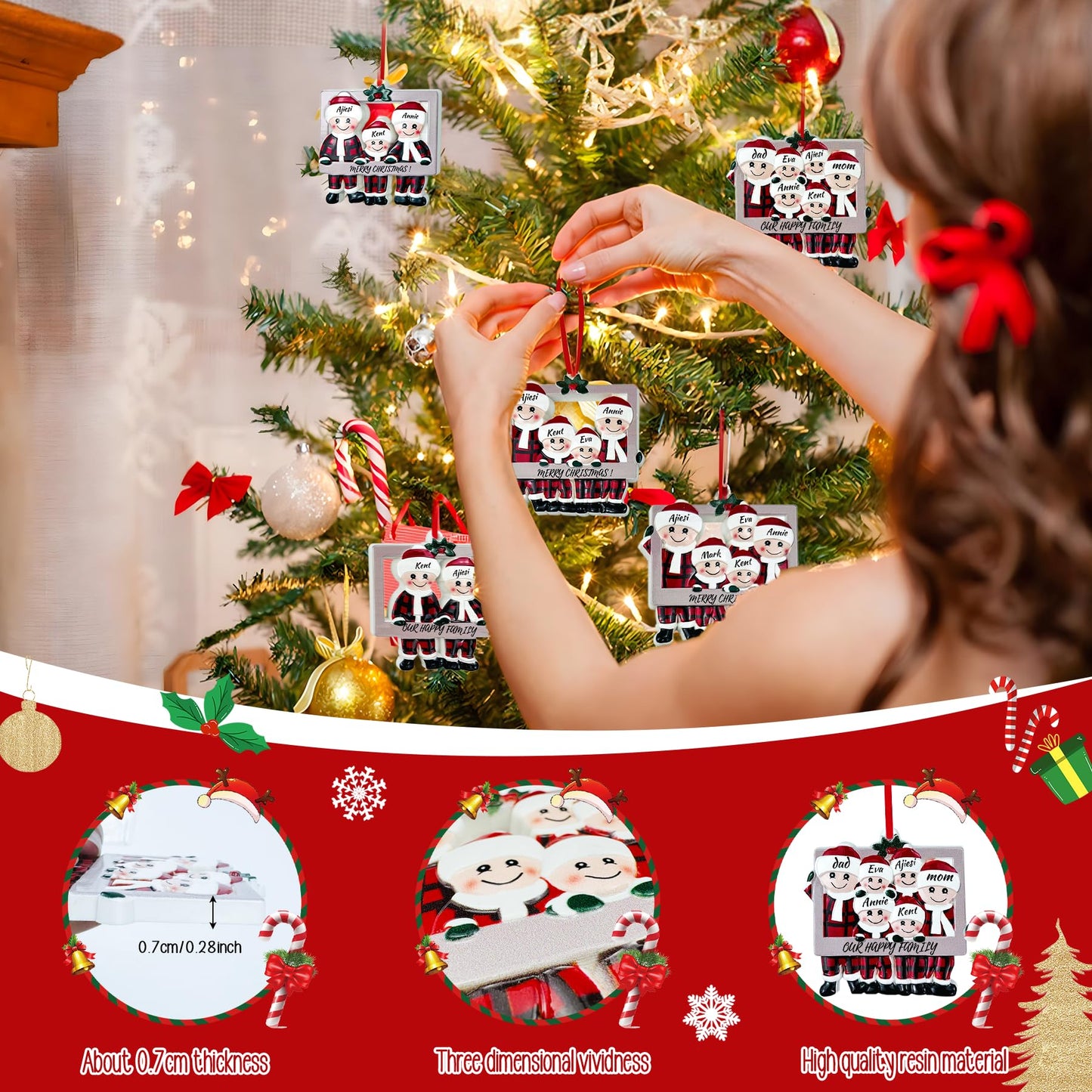 Personalized Picture Frame Christmas Ornament 2025 – Resin Tree Ornament with DIY Name Pendant, Happy Family Decor, 3D Cute Personalized Christmas Ornaments for Tree (Family of 4)