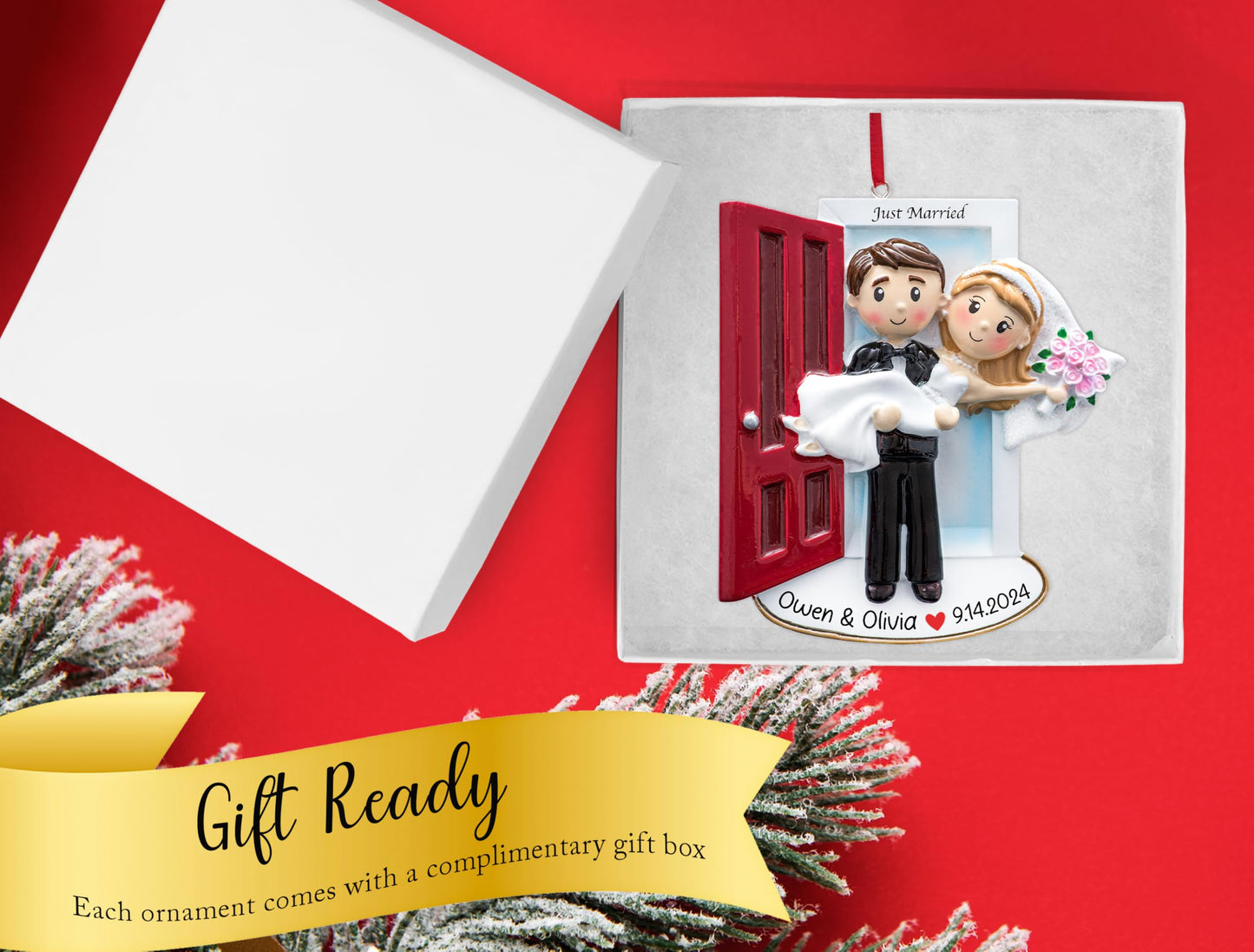 UniqXmas Personalized Our First Christmas Married Ornament 2025 | Customized Wedding Couple Threshold, Groom Carrying Bride for Xmas Tree | Just Married Newlyweds Marriage Keepsake | Custom Name Year