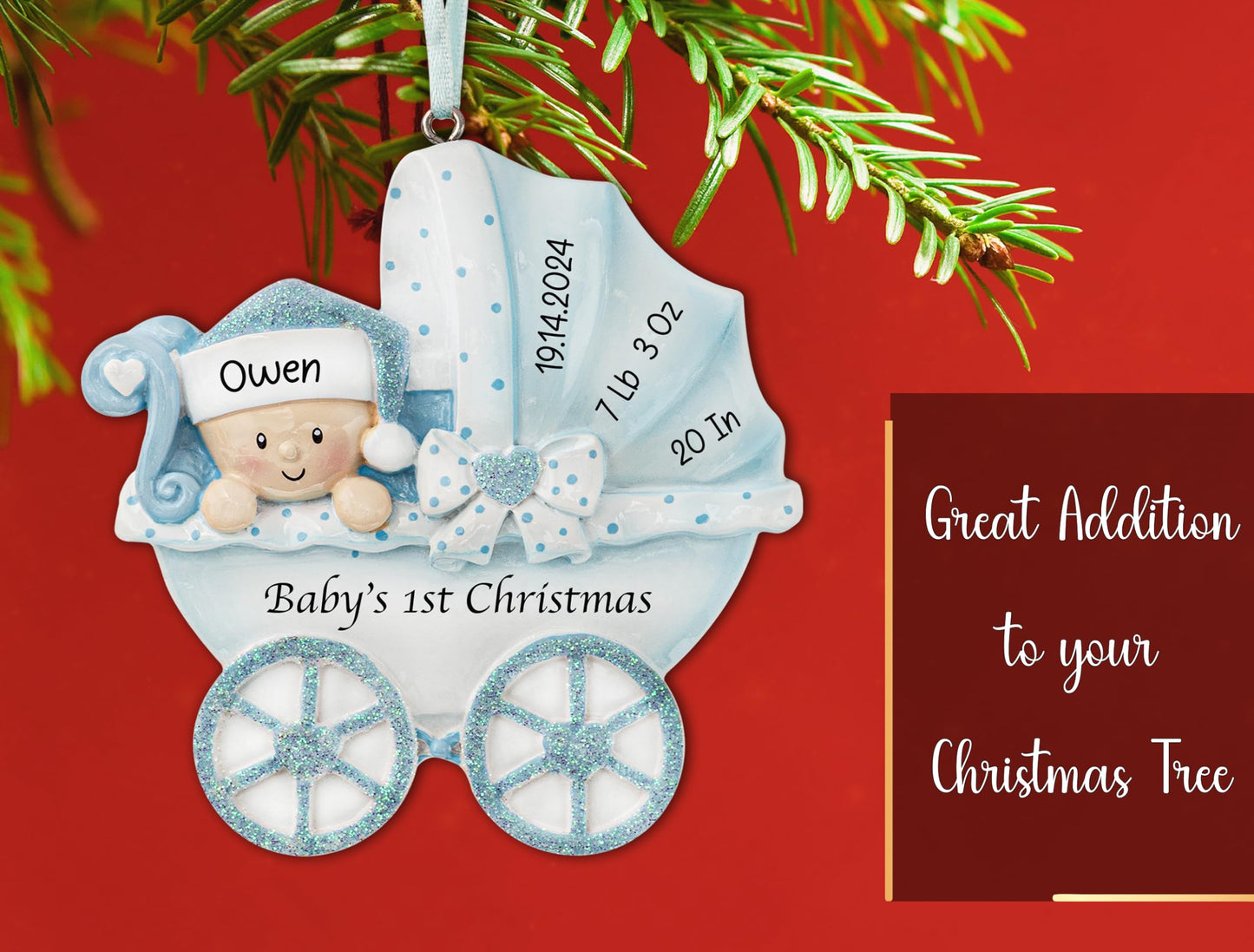UniqXmas Personalized Baby's First Christmas Ornament 2025 | Baby Boy Carriage Xmas Tree Decoration Blue Stroller | My 1st Xmas Keepsake for New Baby Newborn Grandbaby - Custom Name & Year