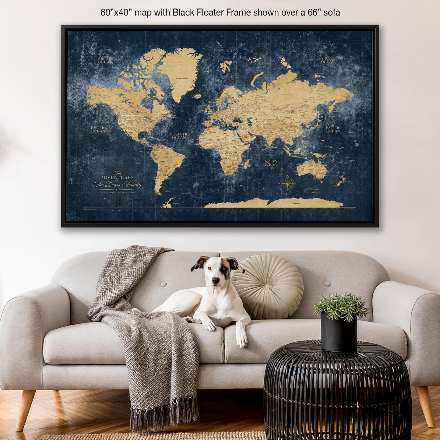 Holy Cow Canvas Personalized Gold & Navy Textured Push Pin World Map on Canvas, Push Pins Included to Track Travels, World Map Pin Board, Best gift for People Who Travel (60" x 40", Framed)